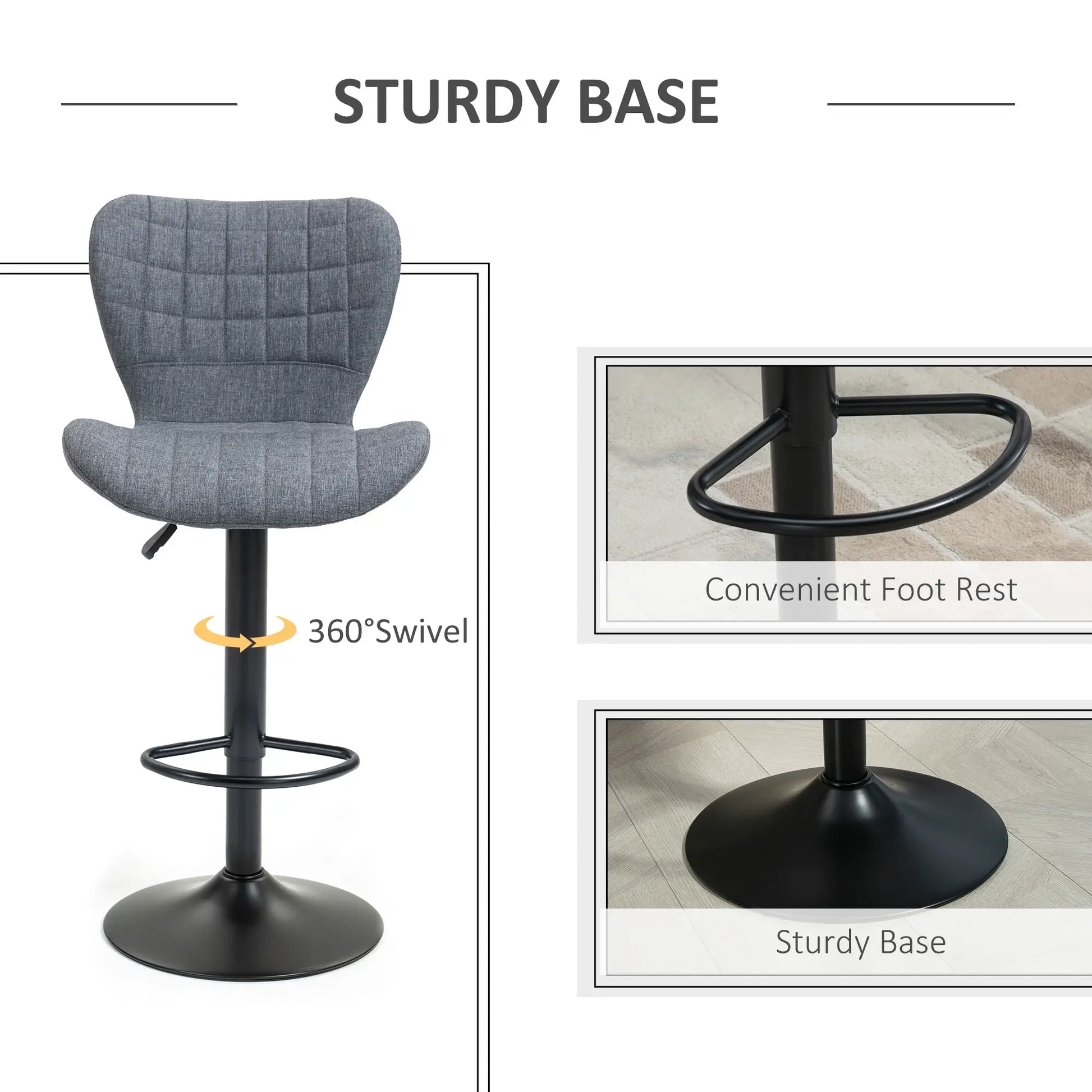 Adjustable Swivel Bar Stools Set of 2, Linen Fabric, Grey Bar Stools at Gallery Canada