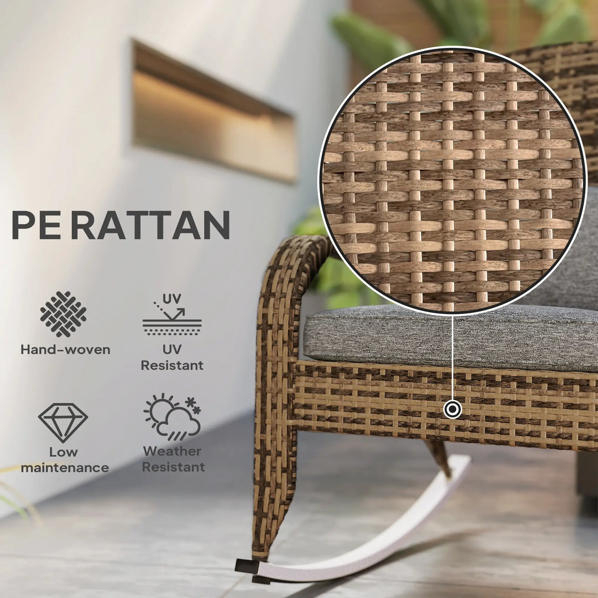 Outdoor Wicker Rocking Chair, High Back, Seat Cushion, Pillow, Grey/Yellow Outdoor Rocking Chairs at Gallery Canada