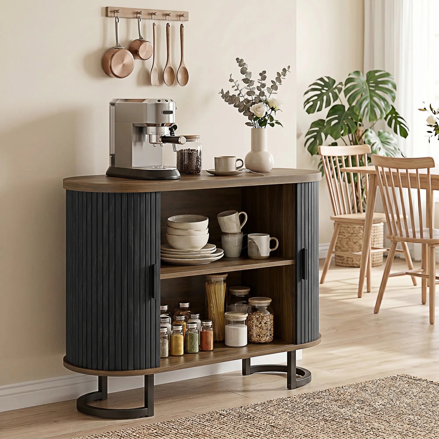 Sideboard Buffet Cabinet with Curved Tambour Doors, Brown/Black
