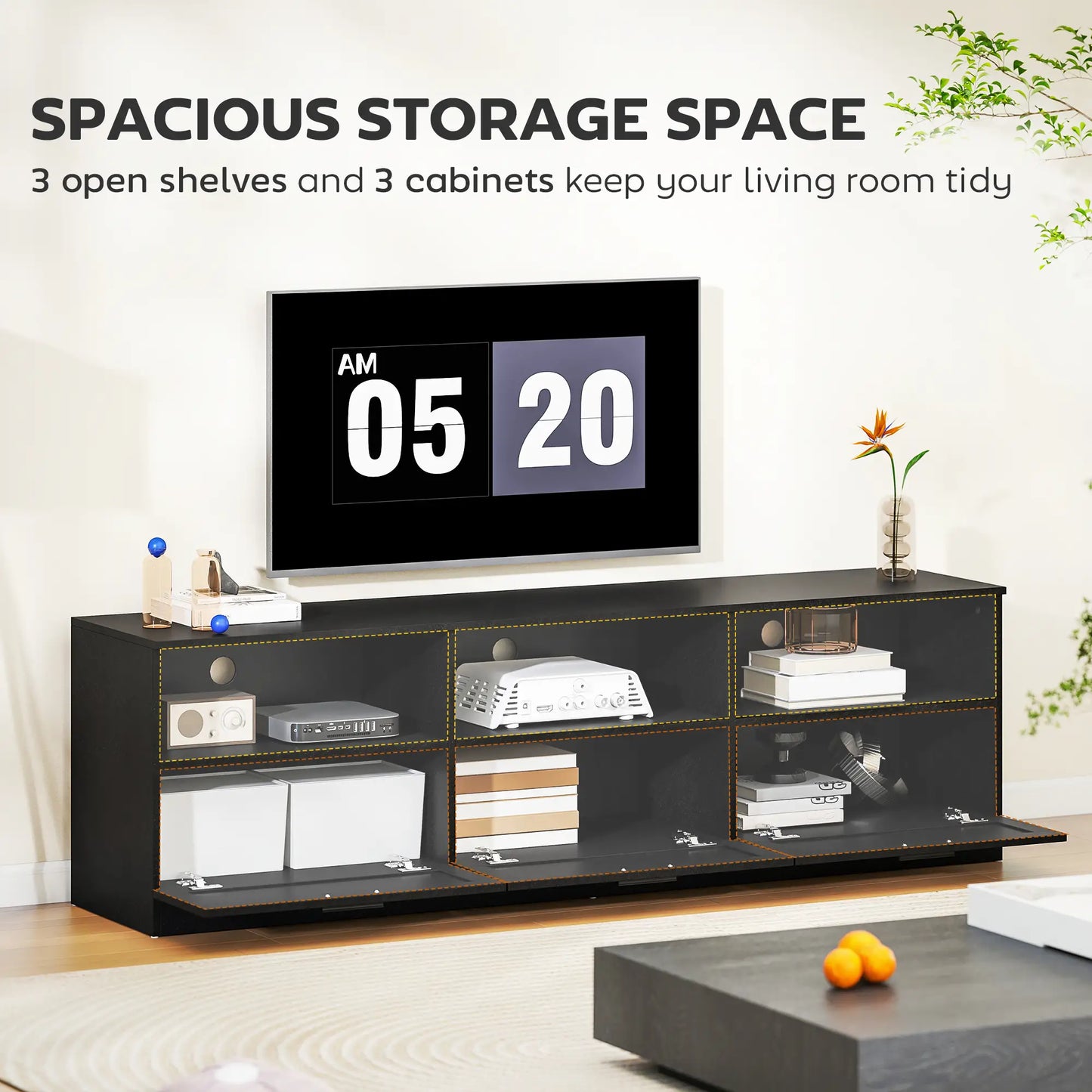 TV Stand with Storage, 3 Cabinets, 3 Shelves, for TVs up to 85", Black TV Stands at Gallery Canada