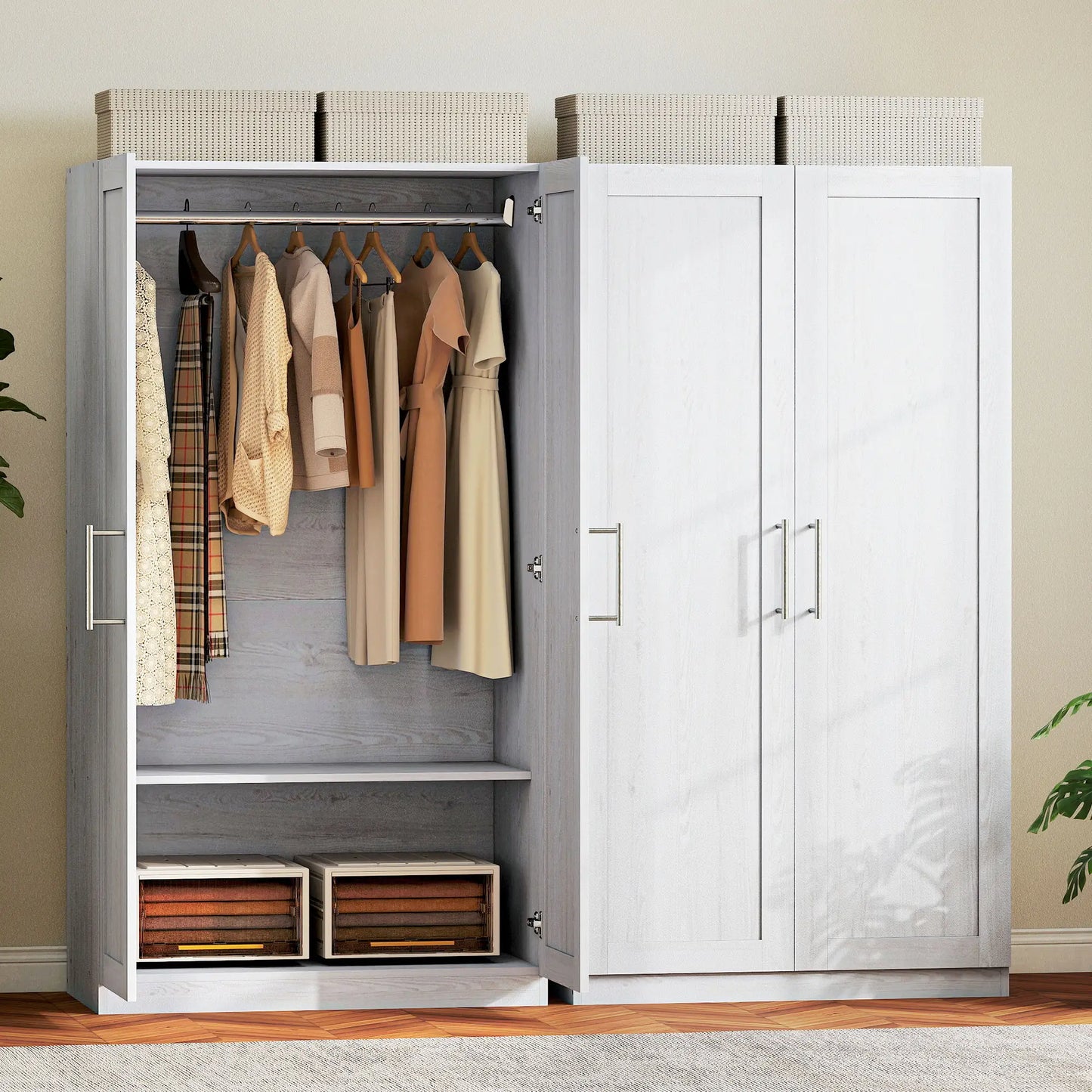 White Wood Effect Wardrobe Cabinet, 2 Doors With Hanging Rod, White