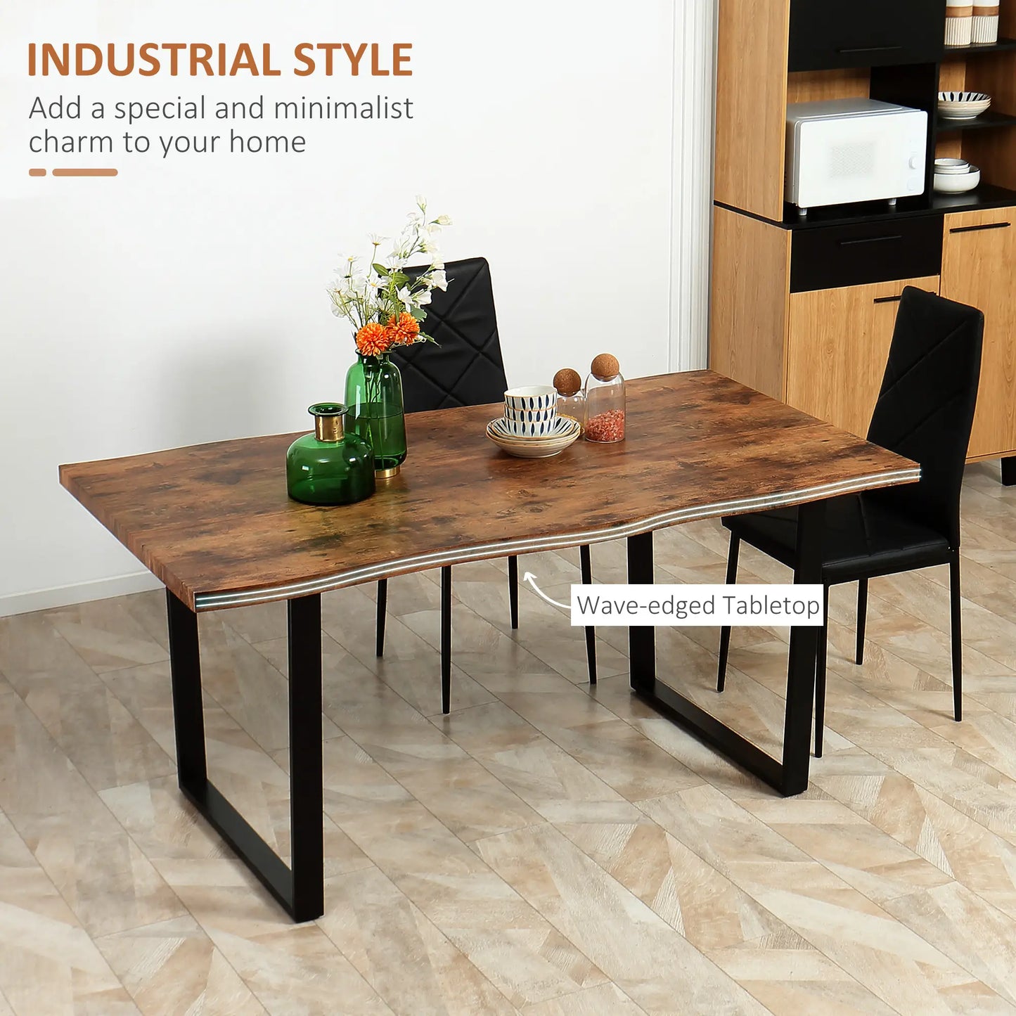 63" Industrial Dining Table, Wave-Edged Tabletop, Steel Legs, Rustic Brown, Brown Bar Tables & Dining Tables at Gallery Canada