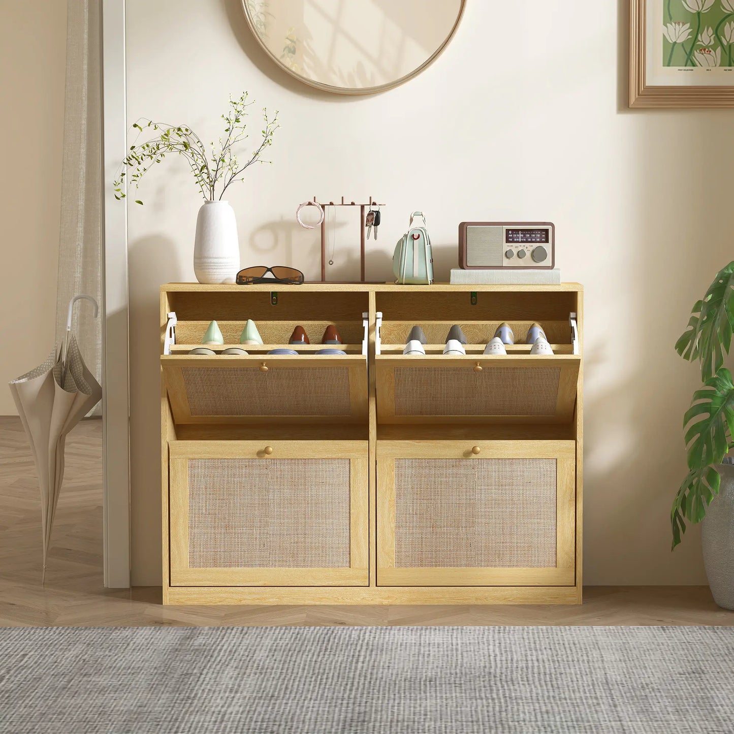 Narrow Shoe Storage Cabinet, 4 Flip Drawers, Adjustable Shelves, 20 Pairs, Oak Shoe Storage Cabinets & Racks at Gallery Canada