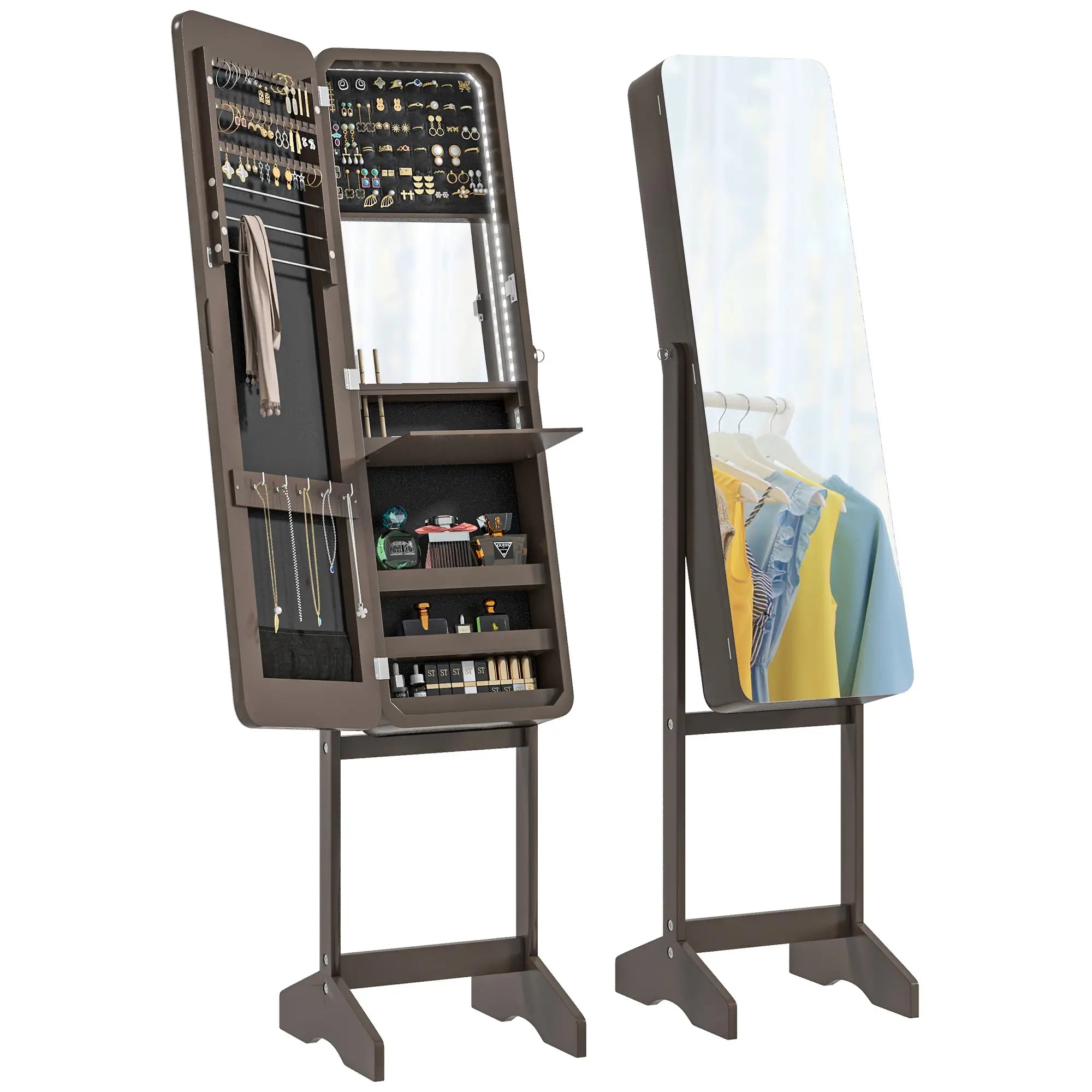 Standing Jewelry Cabinet with LED, Adjustable Mirror, Brown Jewelry Armoire & Jewellery Mirror Cabinets Brown at Gallery Canada
