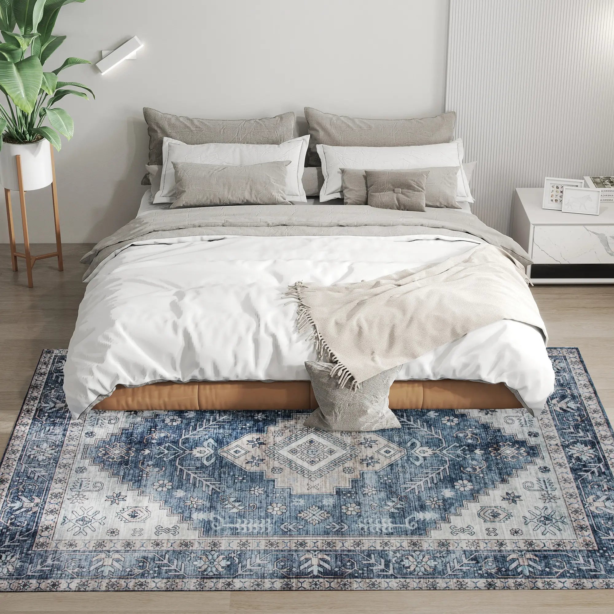 5x7 Area Rug, Vintage Washable, Non-Slip, Living Room, Bedroom, Blue Living Room Furniture at Gallery Canada