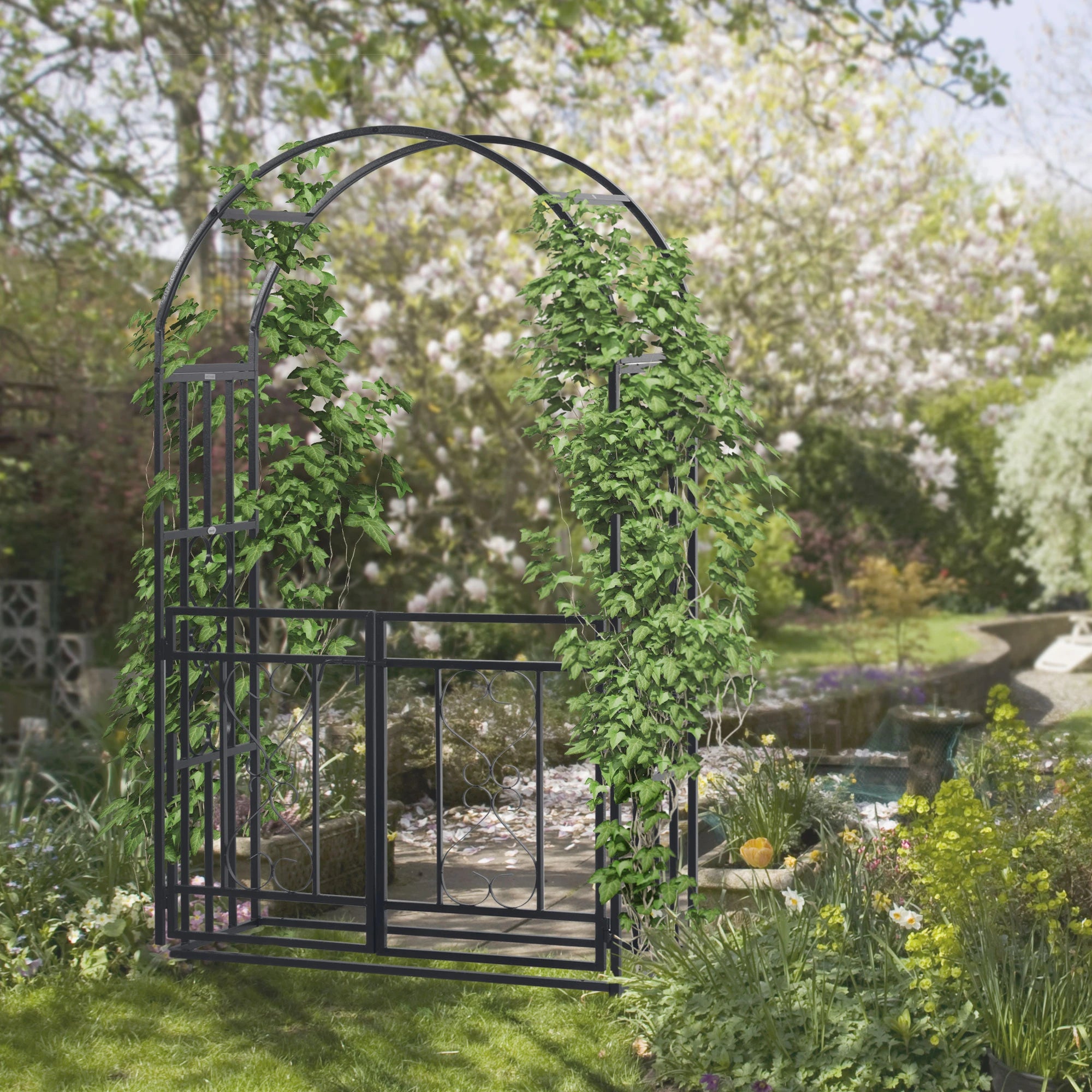 6.7 FT Steel Garden Arch with Gate, Outdoor Arbor for Vines, Dark Grey Garden Arches at Gallery Canada