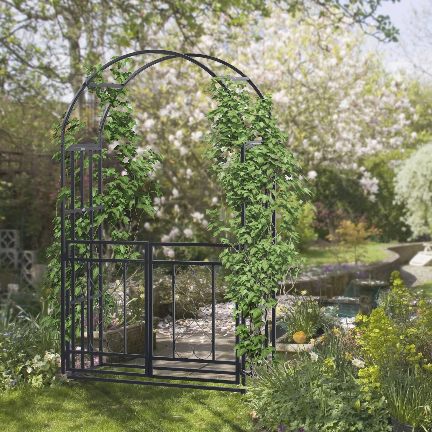 6.7 FT Steel Garden Arch with Gate, Outdoor Arbor for Vines, Dark Grey Garden Arches at Gallery Canada