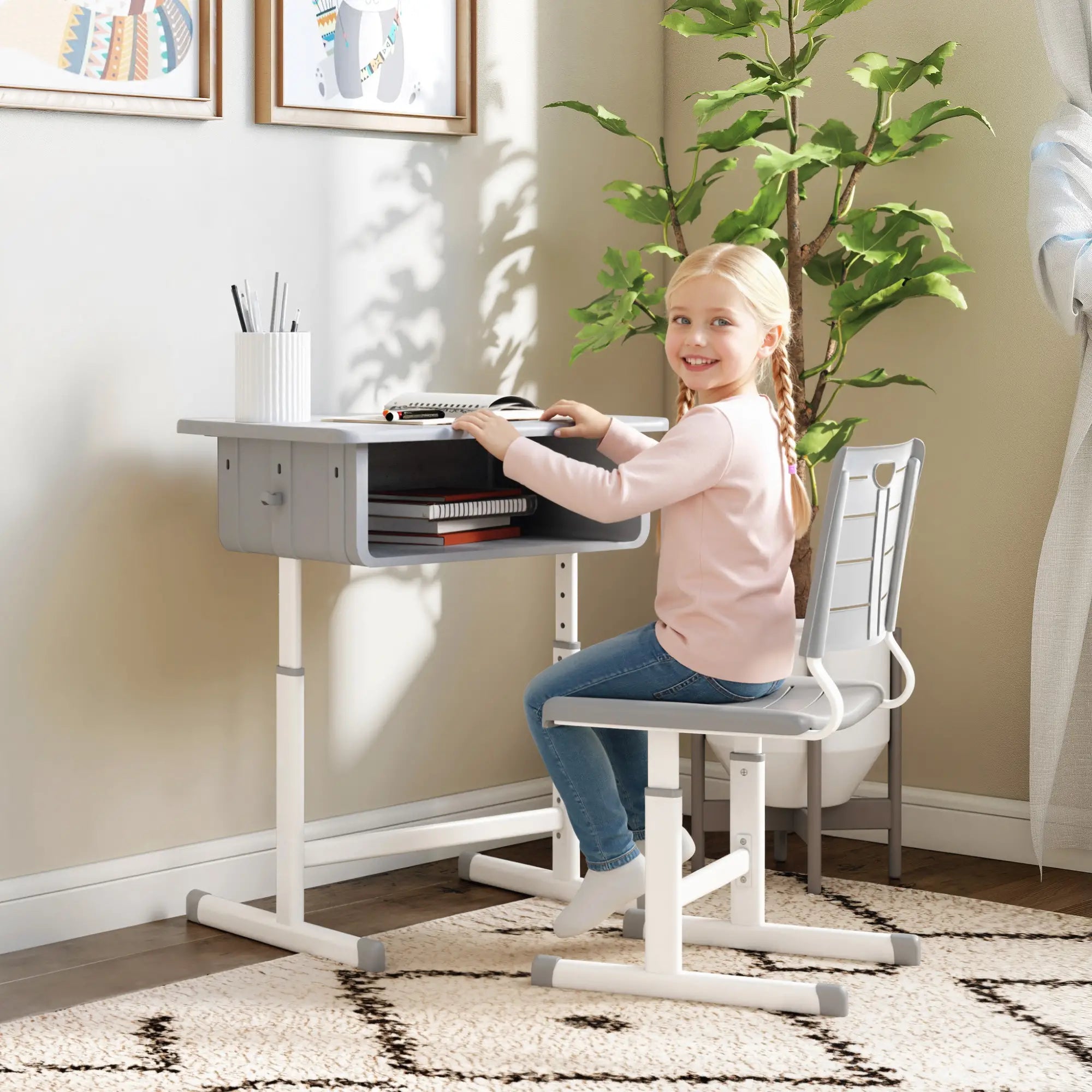 Kids Desk And Chair Set, Height Adjustable, With Drawer, Grey Kids Desk Sets at Gallery Canada
