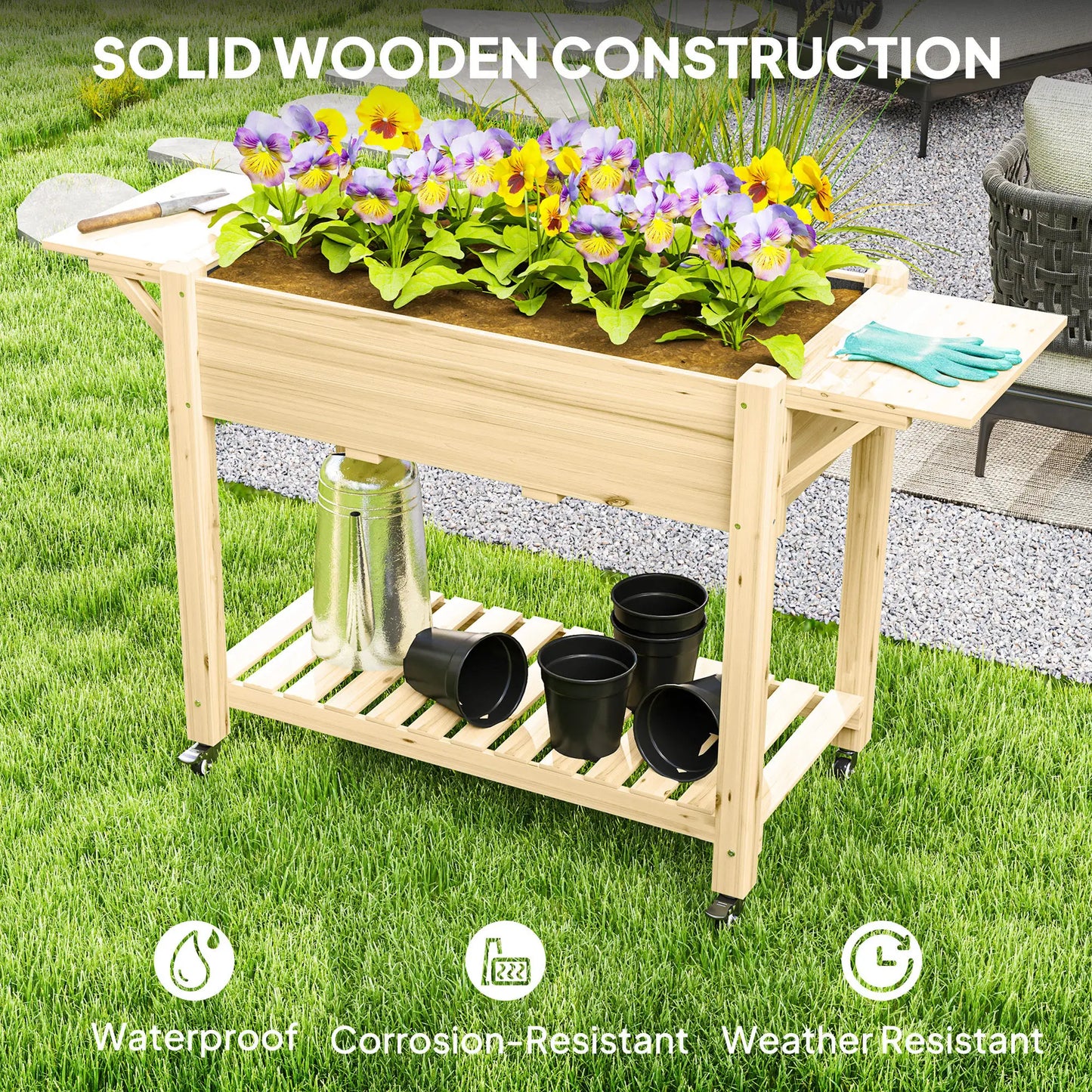Raised Garden Bed, Wood Planter Box with Wheels, Side Tables, Natural Raised Garden Beds at Gallery Canada