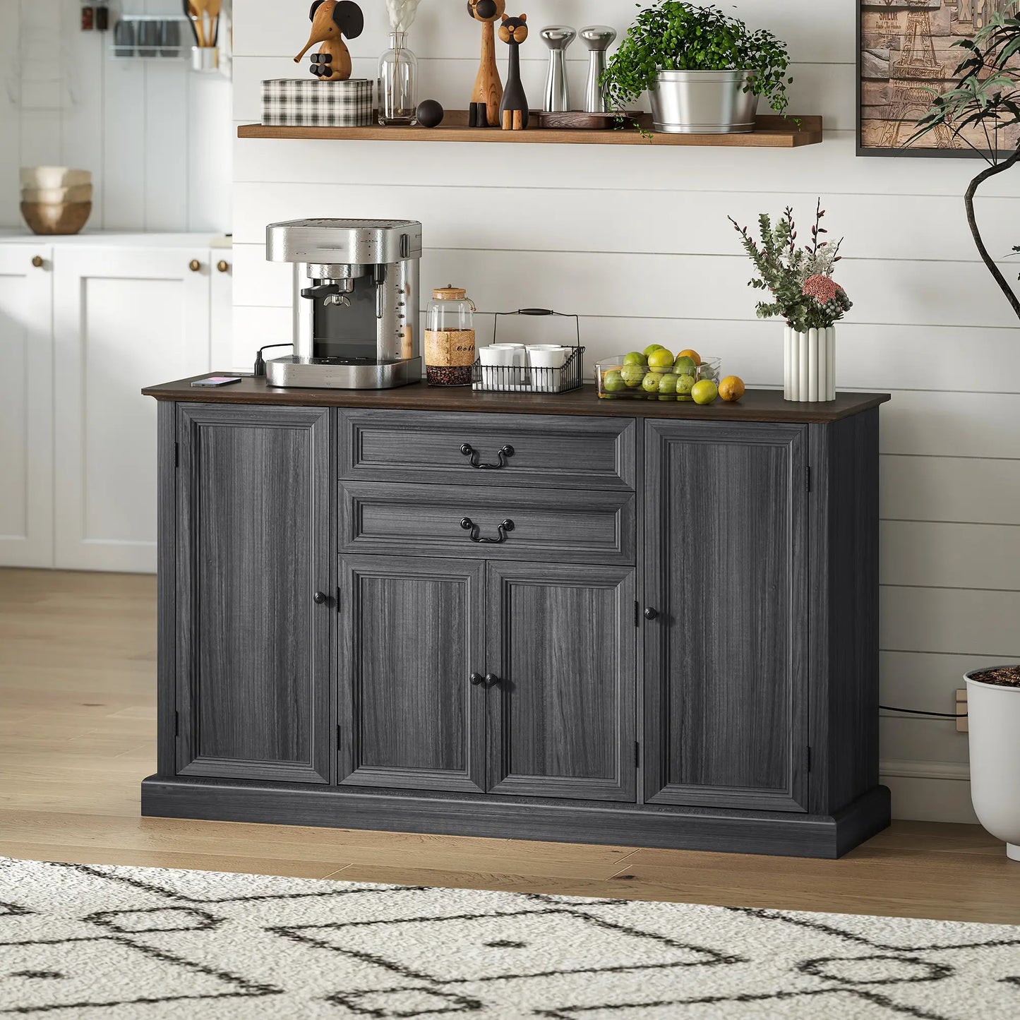 Farmhouse Sideboard with Charging Station, 58 Inch Buffet Cabinet, 2 Soft Close Drawers, Black Storage Cabinets at Gallery Canada