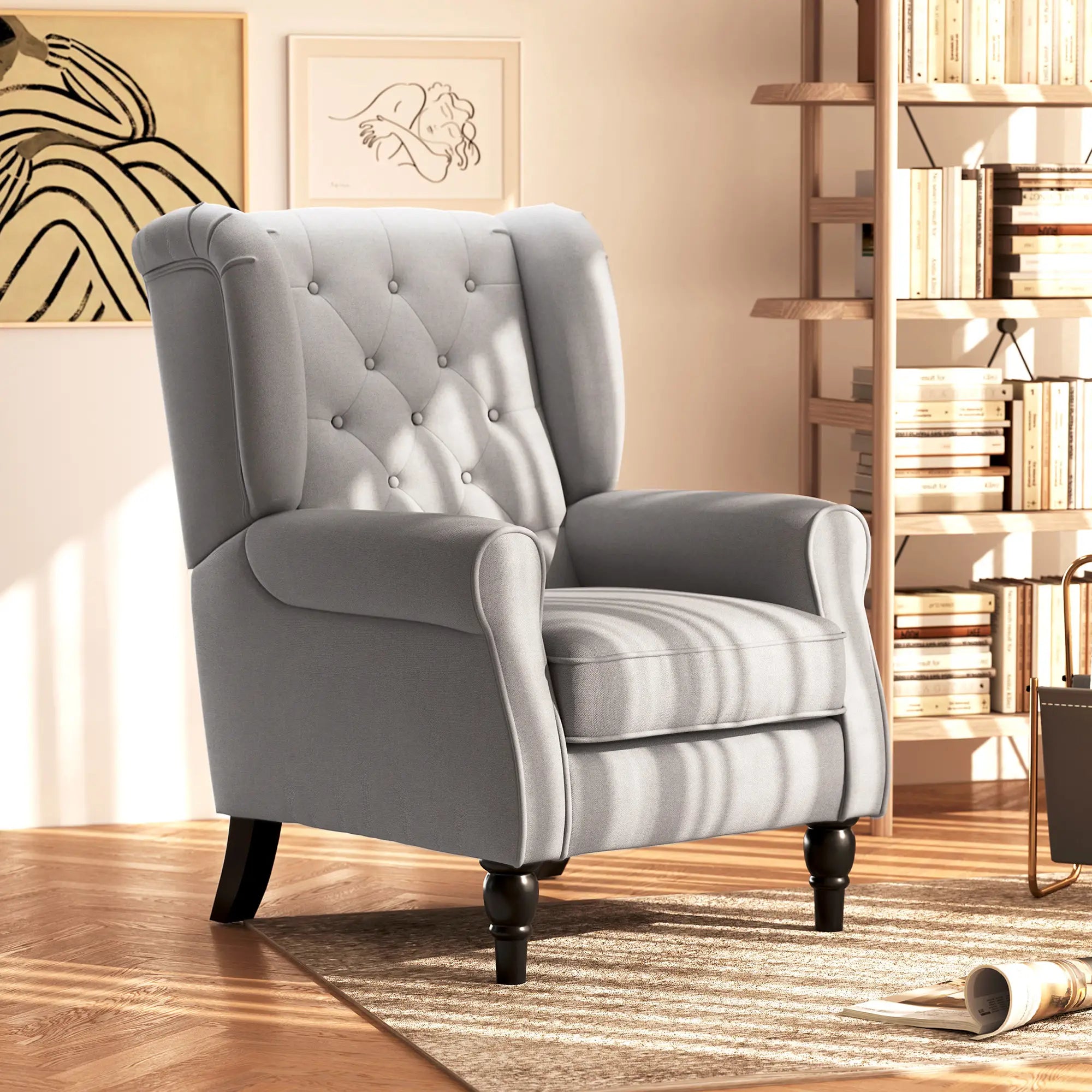 Fabric Accent Chair, Button Tufted Armchair, Modern Living Room, Wood Legs, Grey Accent Chairs at Gallery Canada