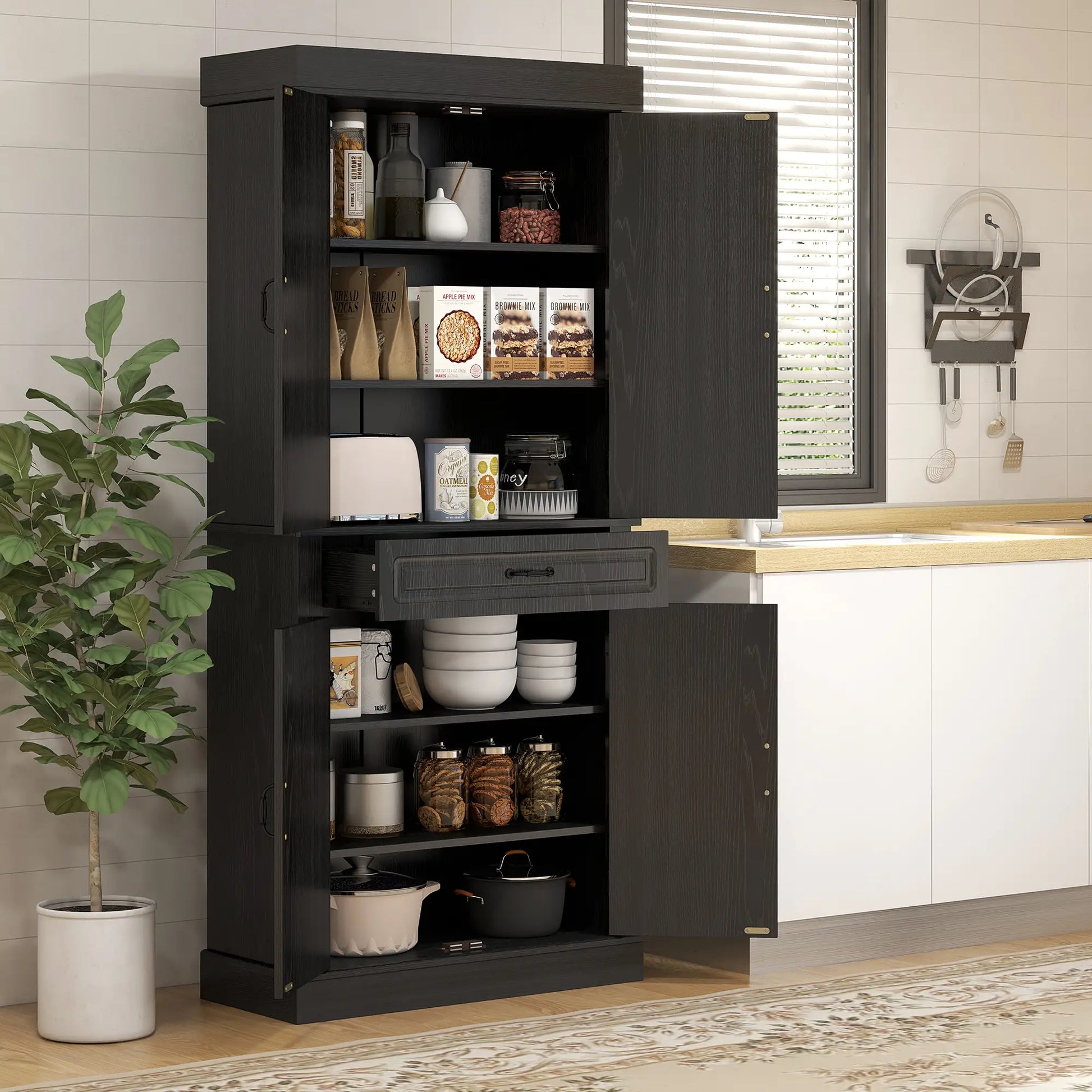 71" Freestanding Kitchen Pantry, 4 Doors 2 Cabinets, Distressed Black, Black Kitchen Pantry Cabinets at Gallery Canada