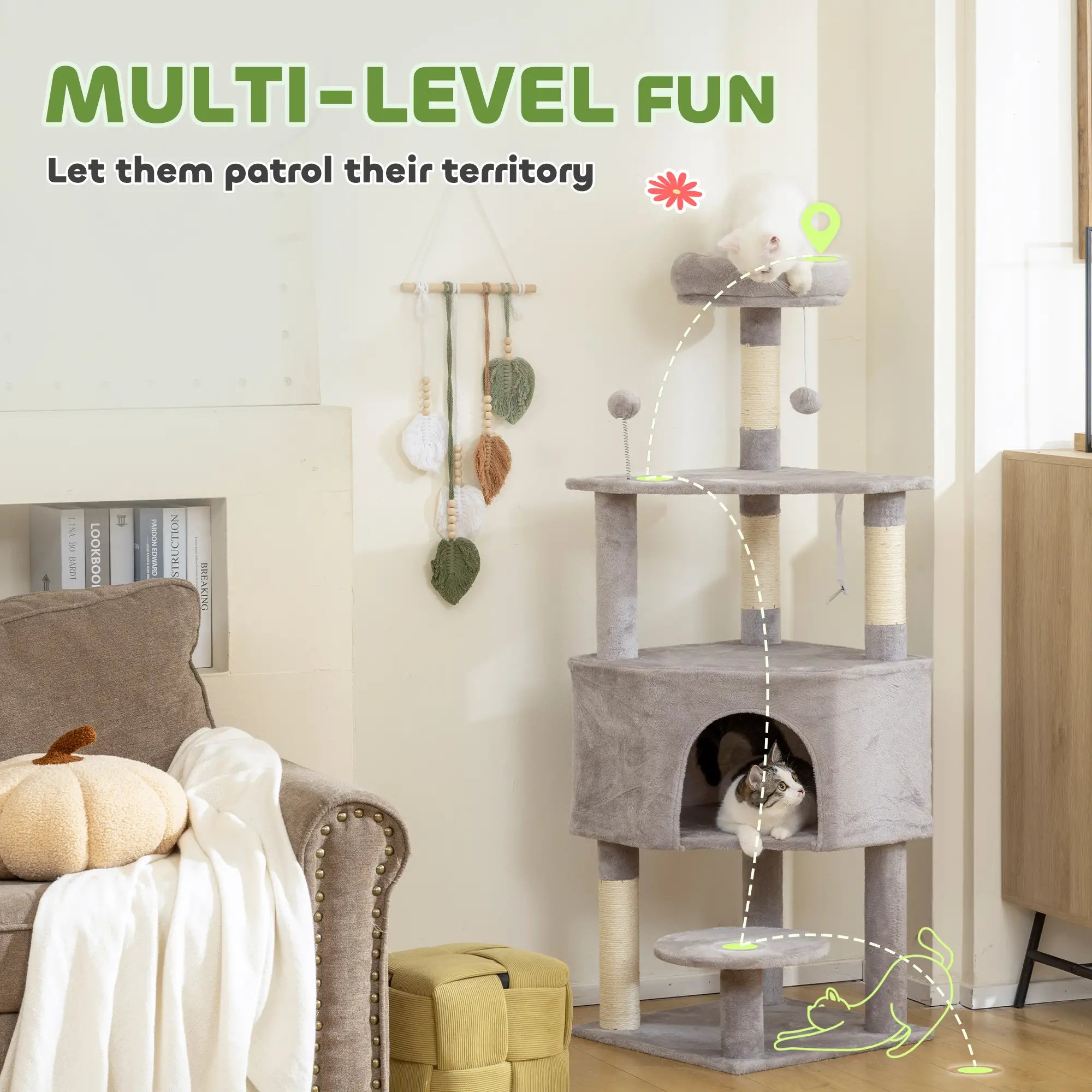 54 Inch Cat Tree, Large Condo, Top Perch, Sisal Posts, Dangling Toy, Light Grey Cat Trees at Gallery Canada