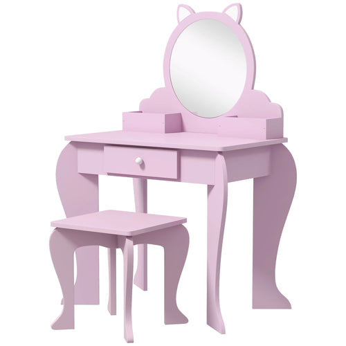 Cat Design Makeup Vanity with Mirror, Stool, Drawer, Pink