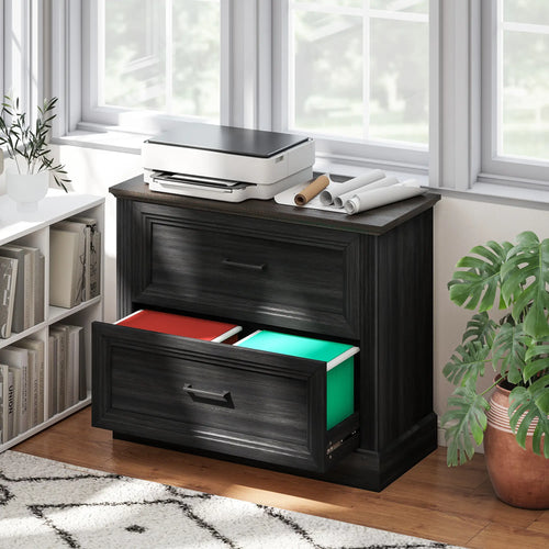 Lateral Filing Cabinet, 2 Silent Drawers, Letter A4 Legal Size, Black
