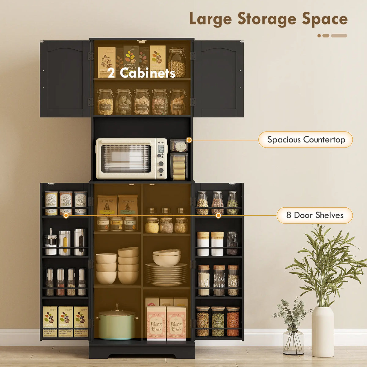 71.5" Tall Pantry Cabinet, Farmhouse Kitchen Storage, Adjustable Shelves, Black Kitchen Pantry Cabinets at Gallery Canada