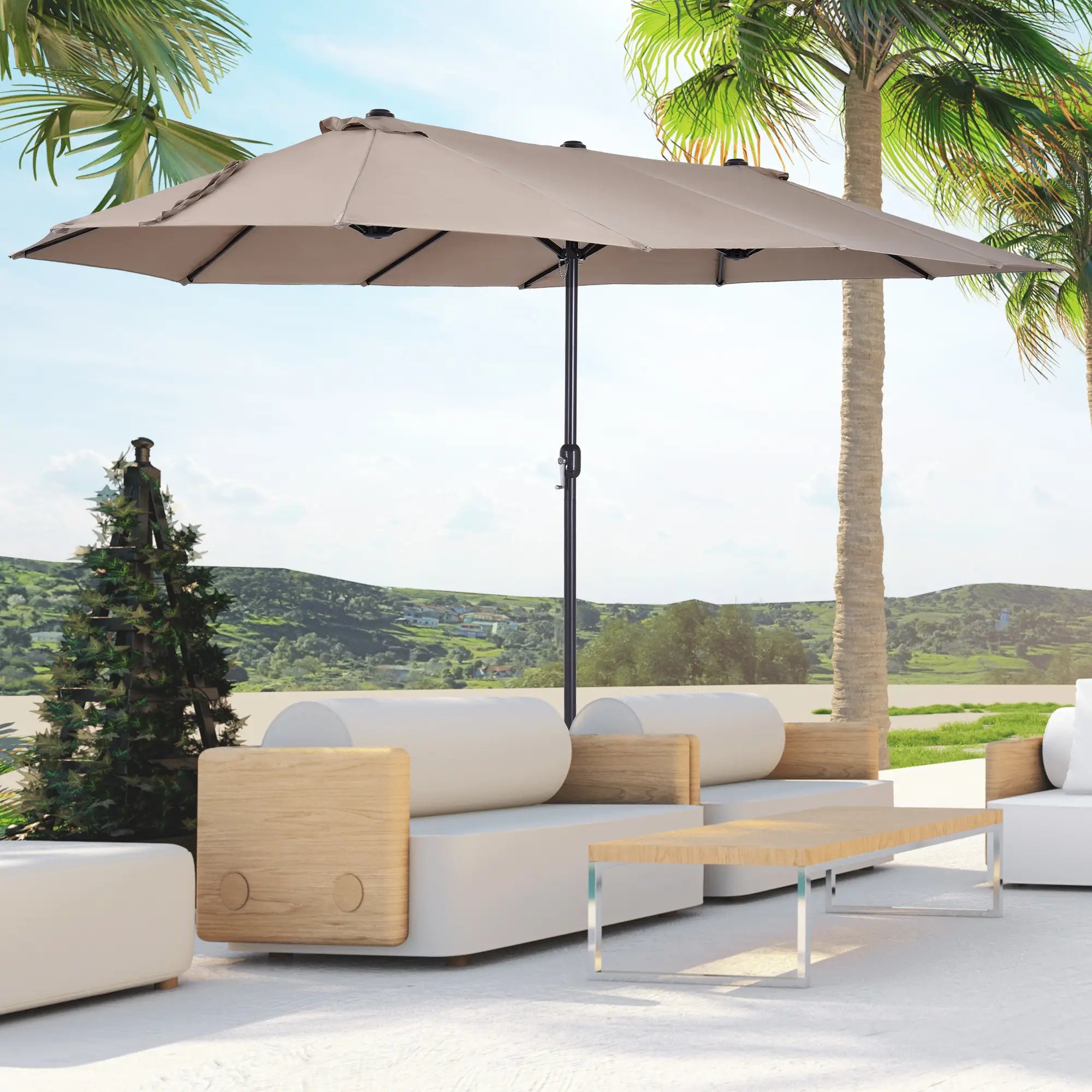15' Outdoor Patio Umbrella, Twin Canopy Sunshade, Steel Table, Lift Crank, Tan Sun Umbrellas at Gallery Canada