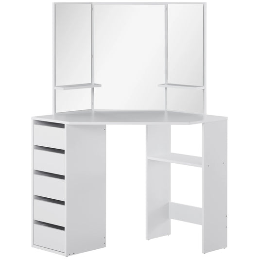 Corner Dressing Table, Makeup Desk with Mirror, 5 Drawers, White Dressing & Vanity Tables White at Gallery Canada