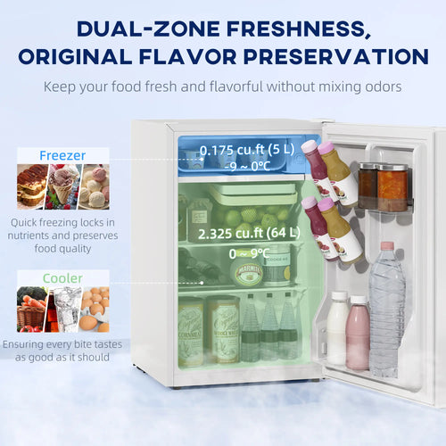 2.5 Cu.Ft Mini Fridge, Single Door Compact Refrigerator with Freezer, Adjustable Thermostat, Reversible Door, White