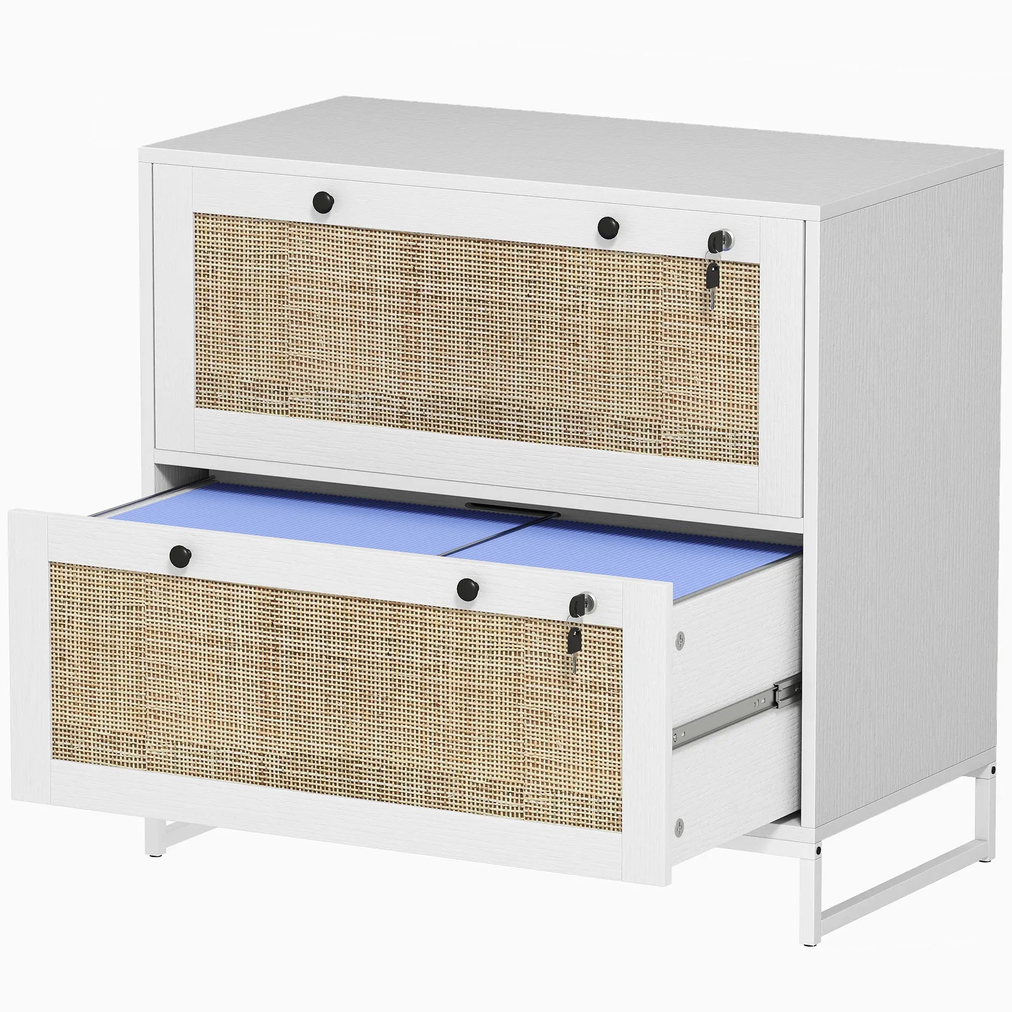 2-Drawer Filing Cabinet with Lock, Rattan, Adjustable Hanging Bar, White Office Cabinets & Cupboards at Gallery Canada