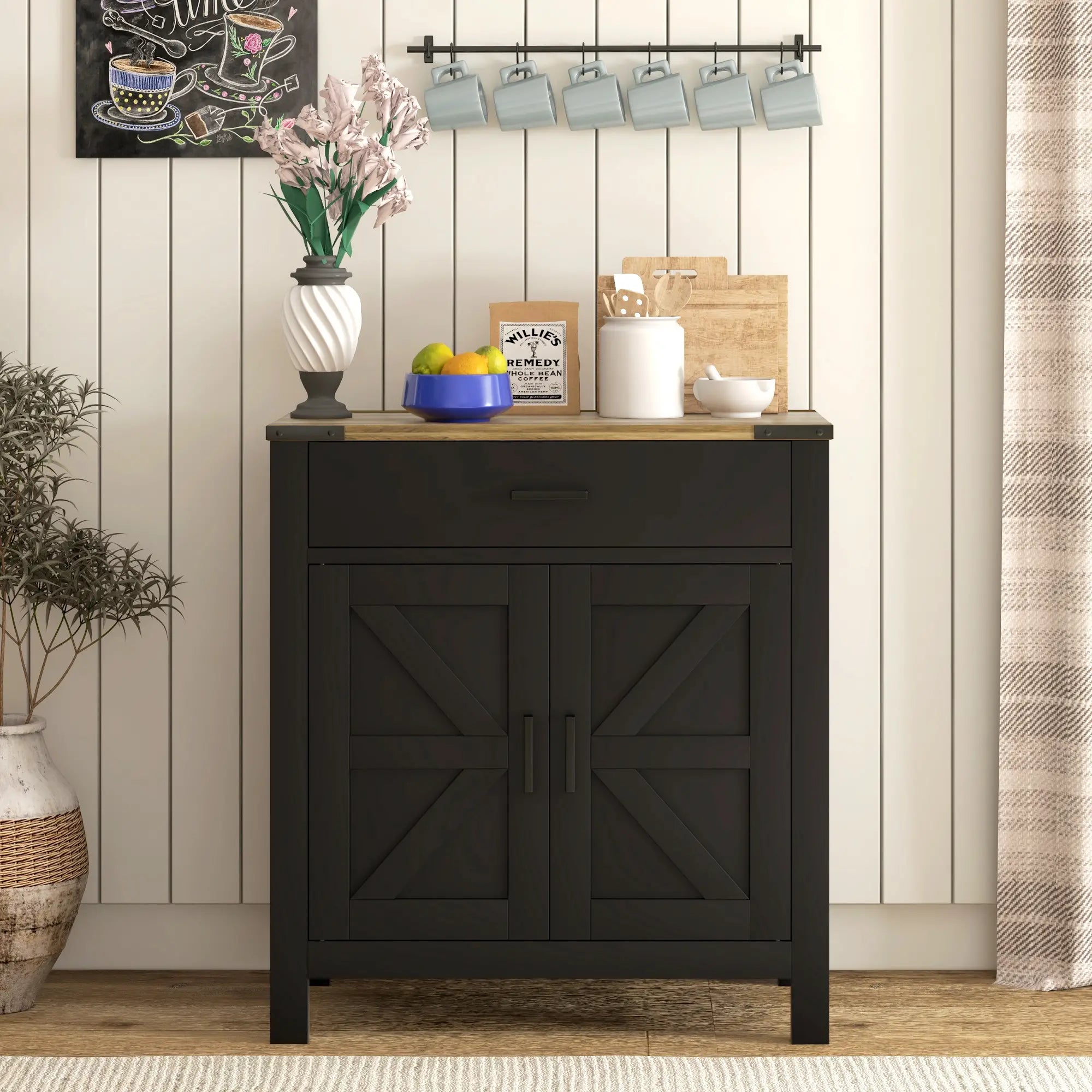 Farmhouse Buffet Cabinet, 1 Drawer, Storage Cabinet, Adjustable Shelf, Black Bar Cabinets at Gallery Canada