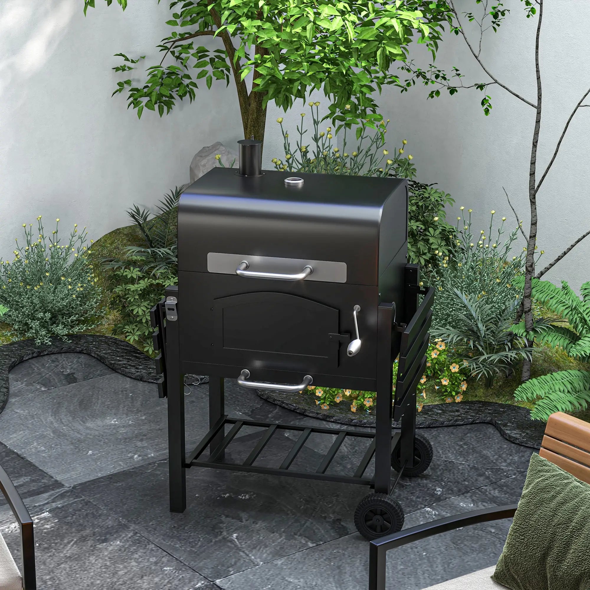 Charcoal Smoker, Adjustable Height, Folding Shelves, Thermometer, Wheels, Black Charcoal BBQ Grils at Gallery Canada