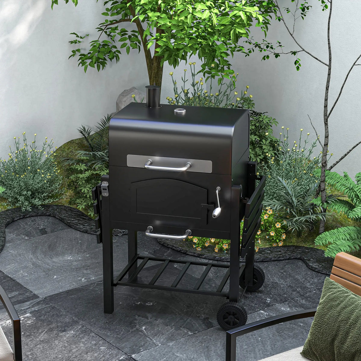 Charcoal Smoker, Adjustable Height, Folding Shelves, Thermometer, Wheels, Black Charcoal BBQ Grils at Gallery Canada