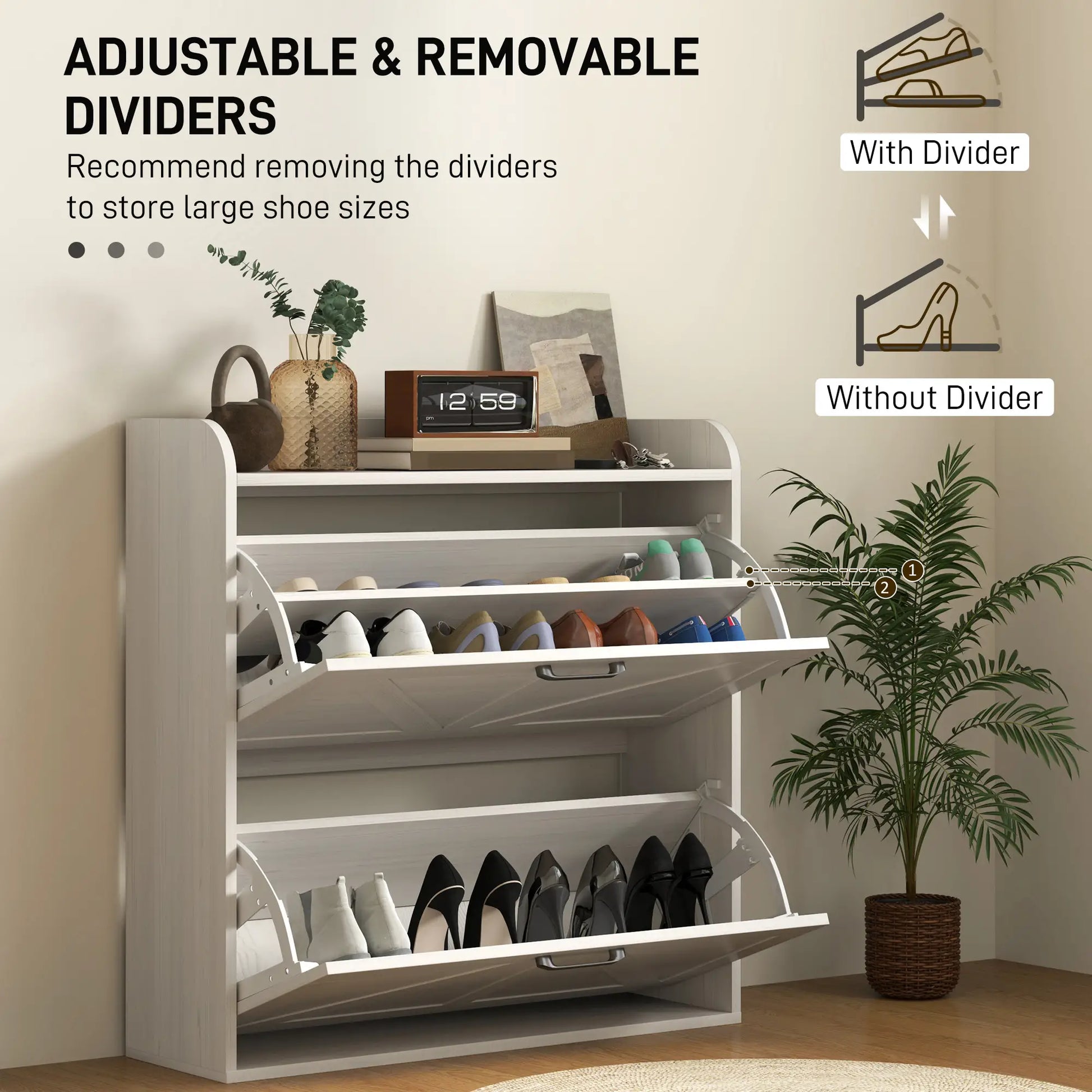 Narrow Shoe Storage Cabinet, 2 Flip Drawers, Adjustable Shelves, White Oak Shoe Storage Cabinets & Racks at Gallery Canada