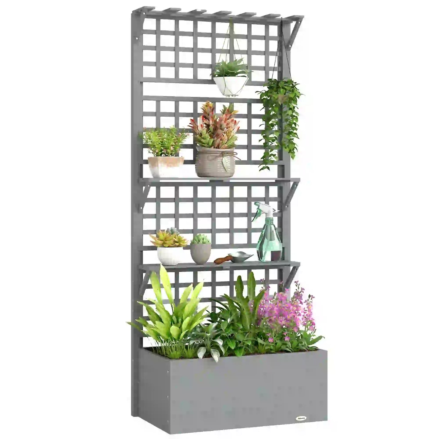 Wooden Raised Garden Bed With Trellis, Roof, 2 Shelves, Grey Wooden Planter Boxes at Gallery Canada