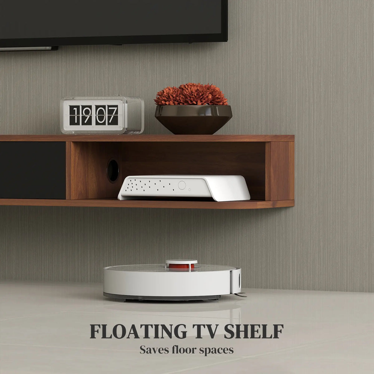 71" Floating TV Stand, Wall Mounted Media Console, Flip Drawer, 2 Open Shelves, Walnut TV Stands at Gallery Canada