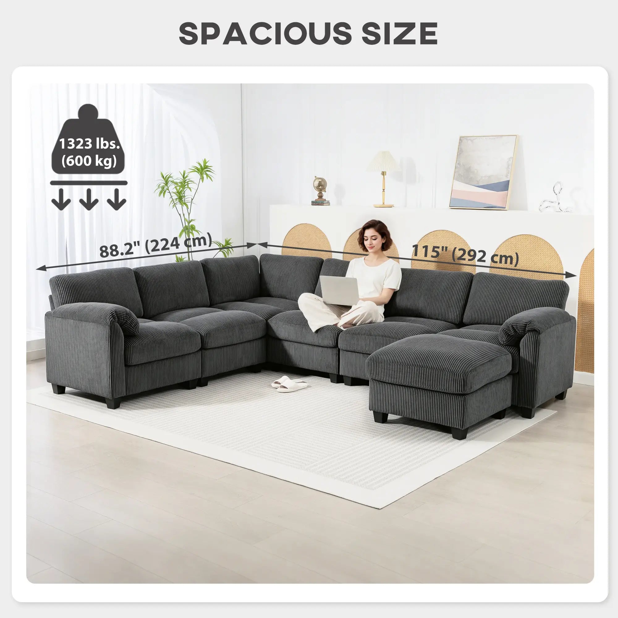 Modular Sectional Sofa, Oversized U-Shaped, Spring Cushion, Corduroy, Charcoal Grey 3-Seater Sofas at Gallery Canada