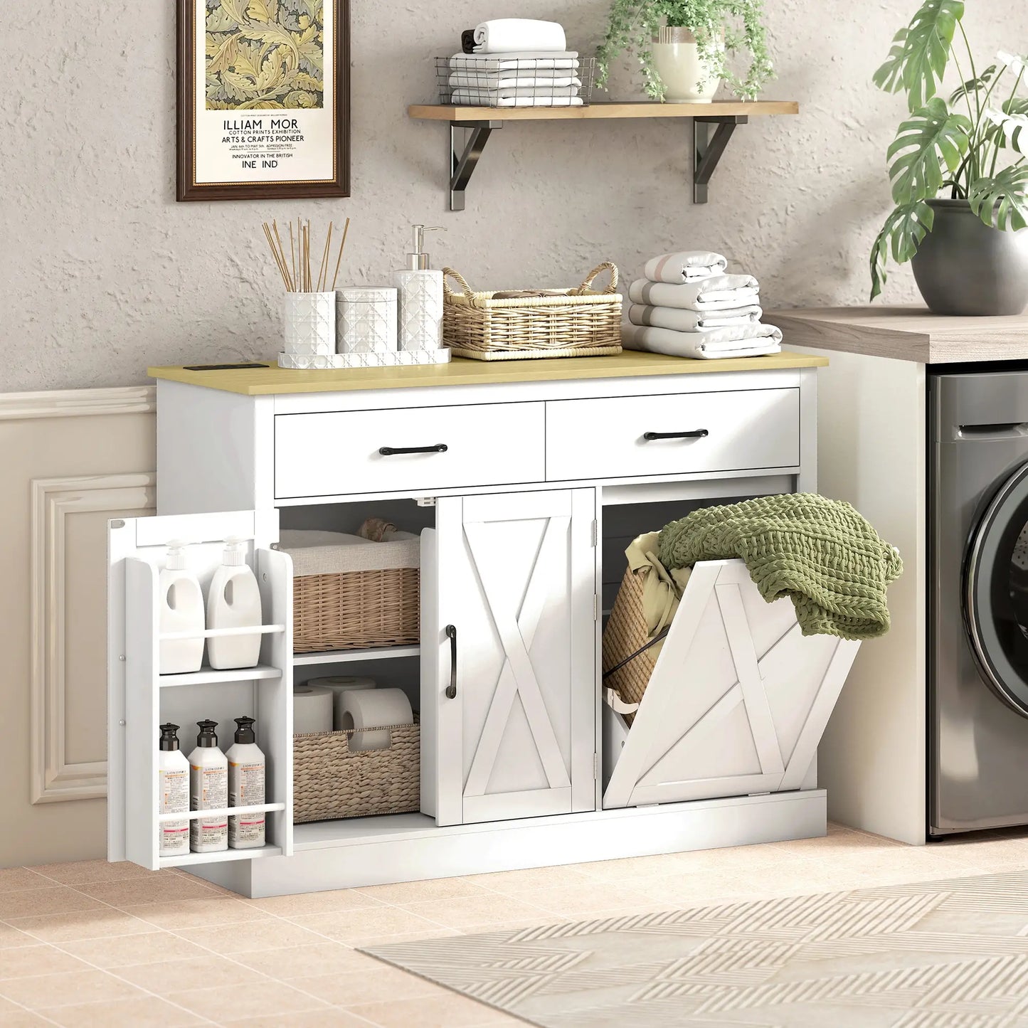 7 Gallon Tilt Out Garbage Cabinet, Kitchen Island With Charging Station, White