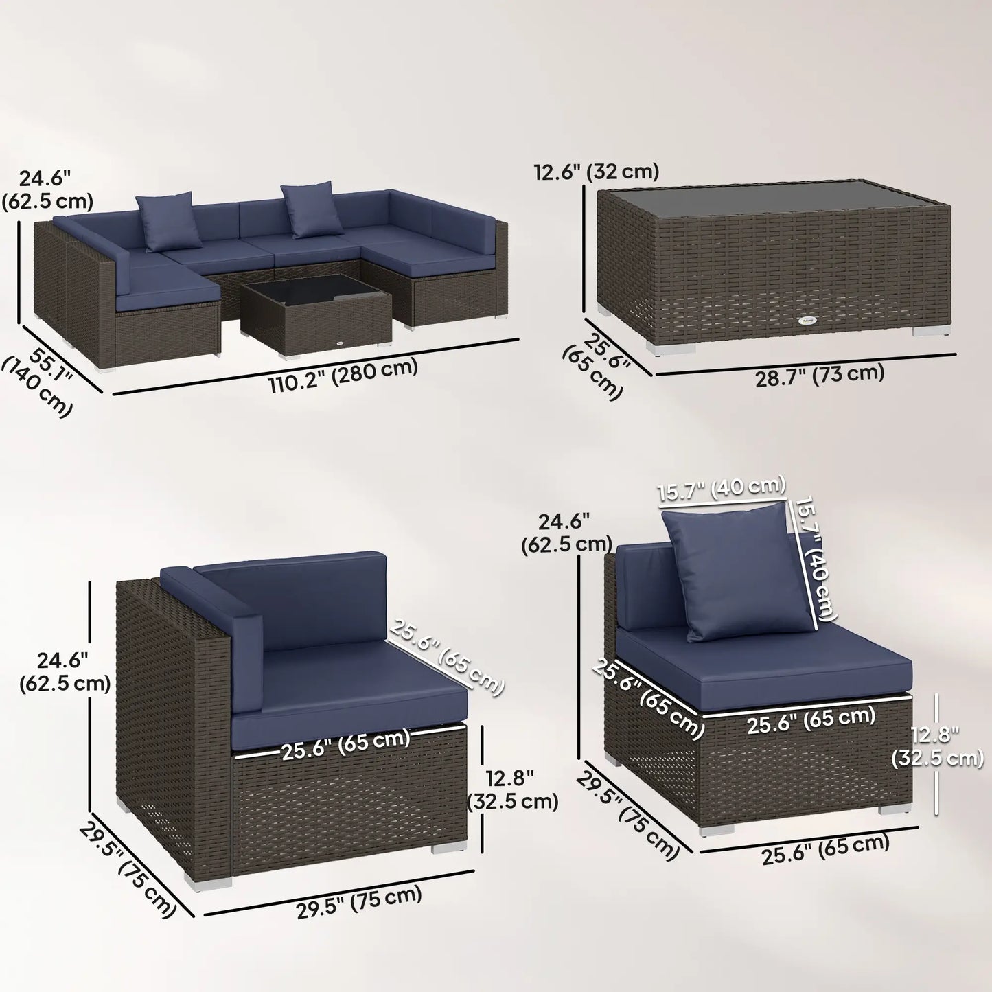 7pc Garden Wicker Sectional Set, Patio Rattan Lounge Sofa, Navy Blue Patio Furniture Sets at Gallery Canada