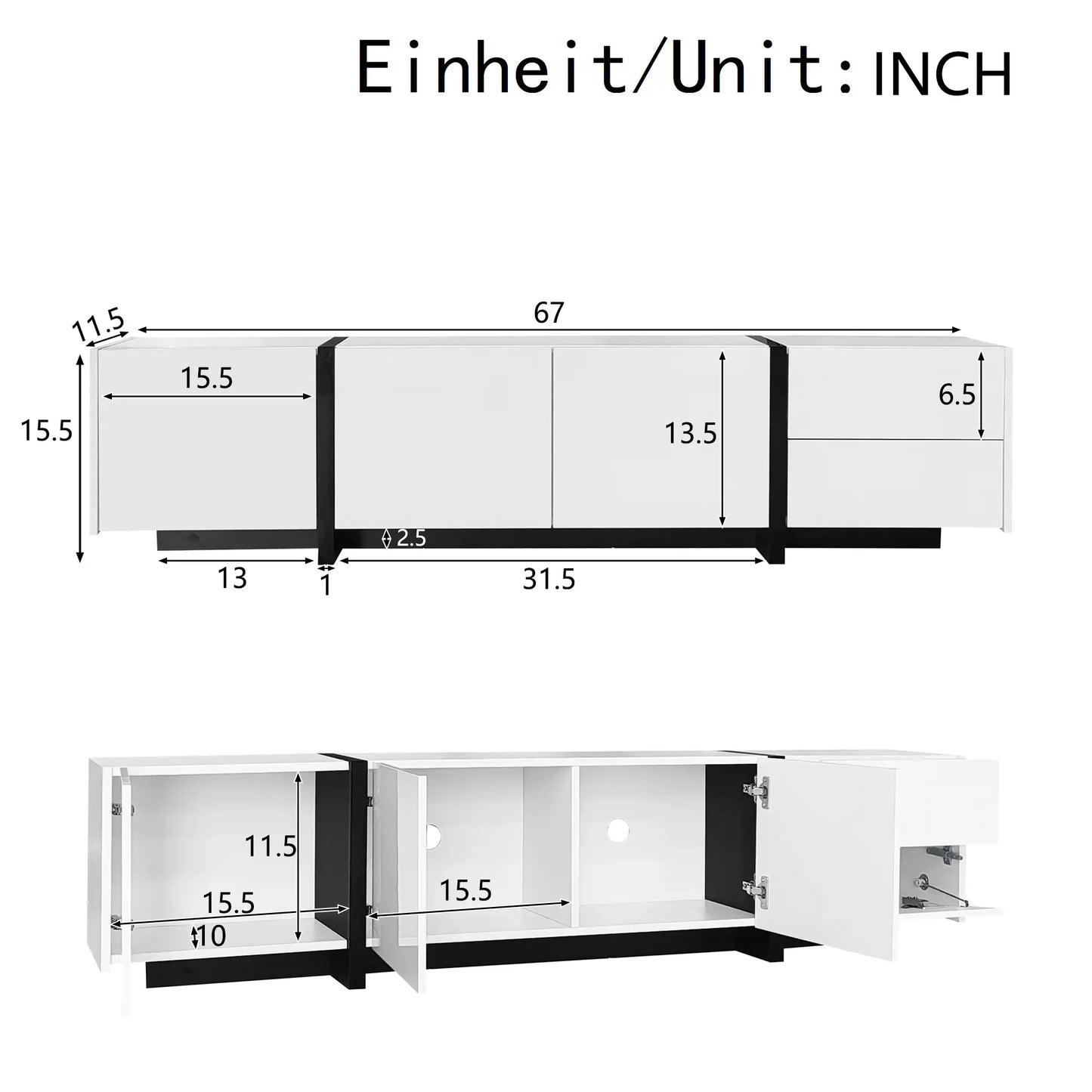 TV Cabinet, High Gloss Finish, Ample Storage, 67" L x 11.5" W x 11.5" H, White TV Stands at Gallery Canada