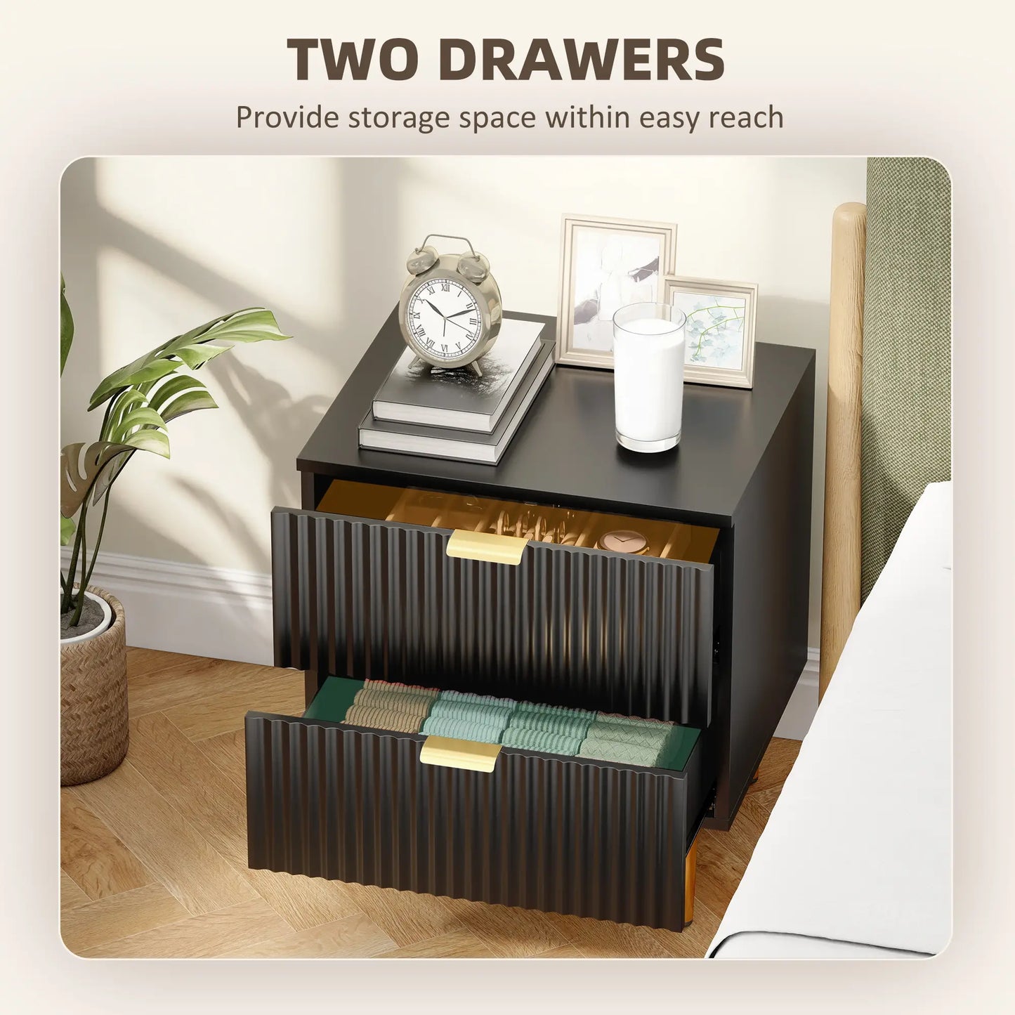 Modern Nightstand Set of 2, 2 Drawers, Metal Legs, Black Bedside Tables at Gallery Canada
