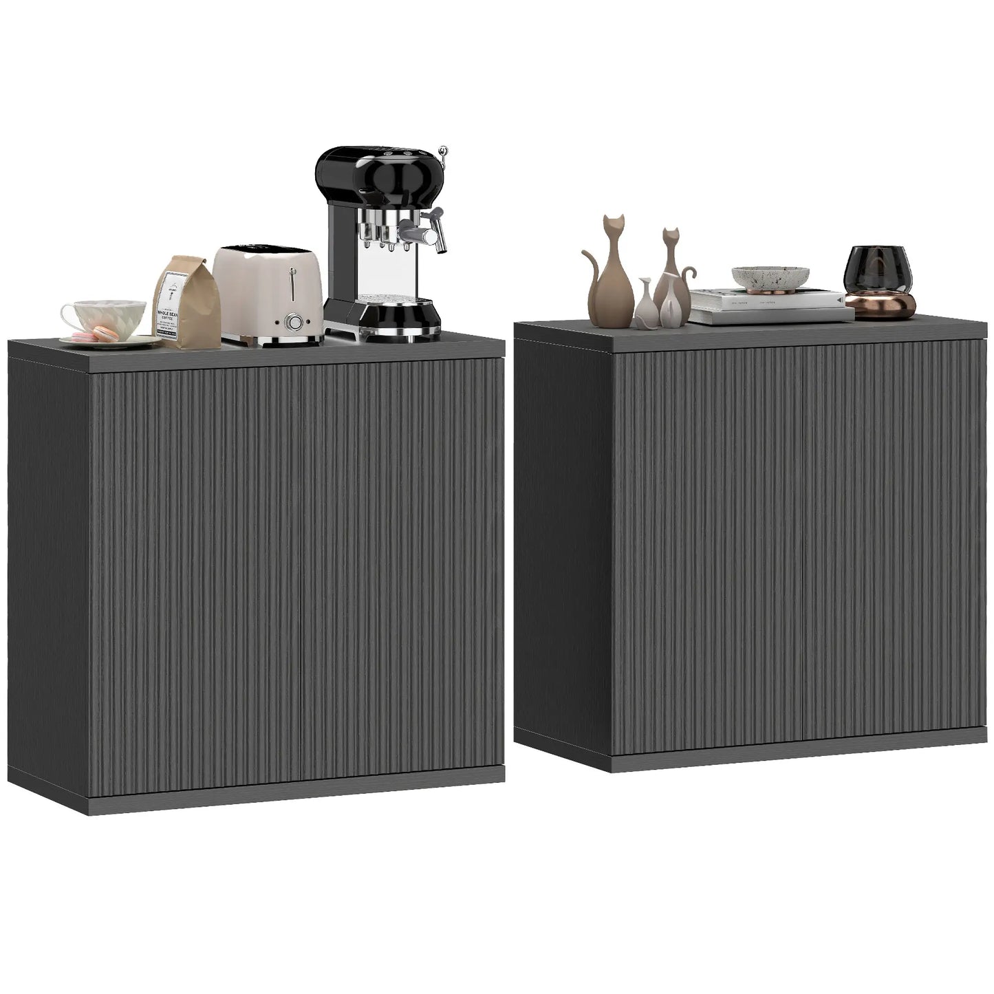 Sideboard Buffet Cabinet Set Of 2, Kitchen Cabinet, Distressed Black Grey