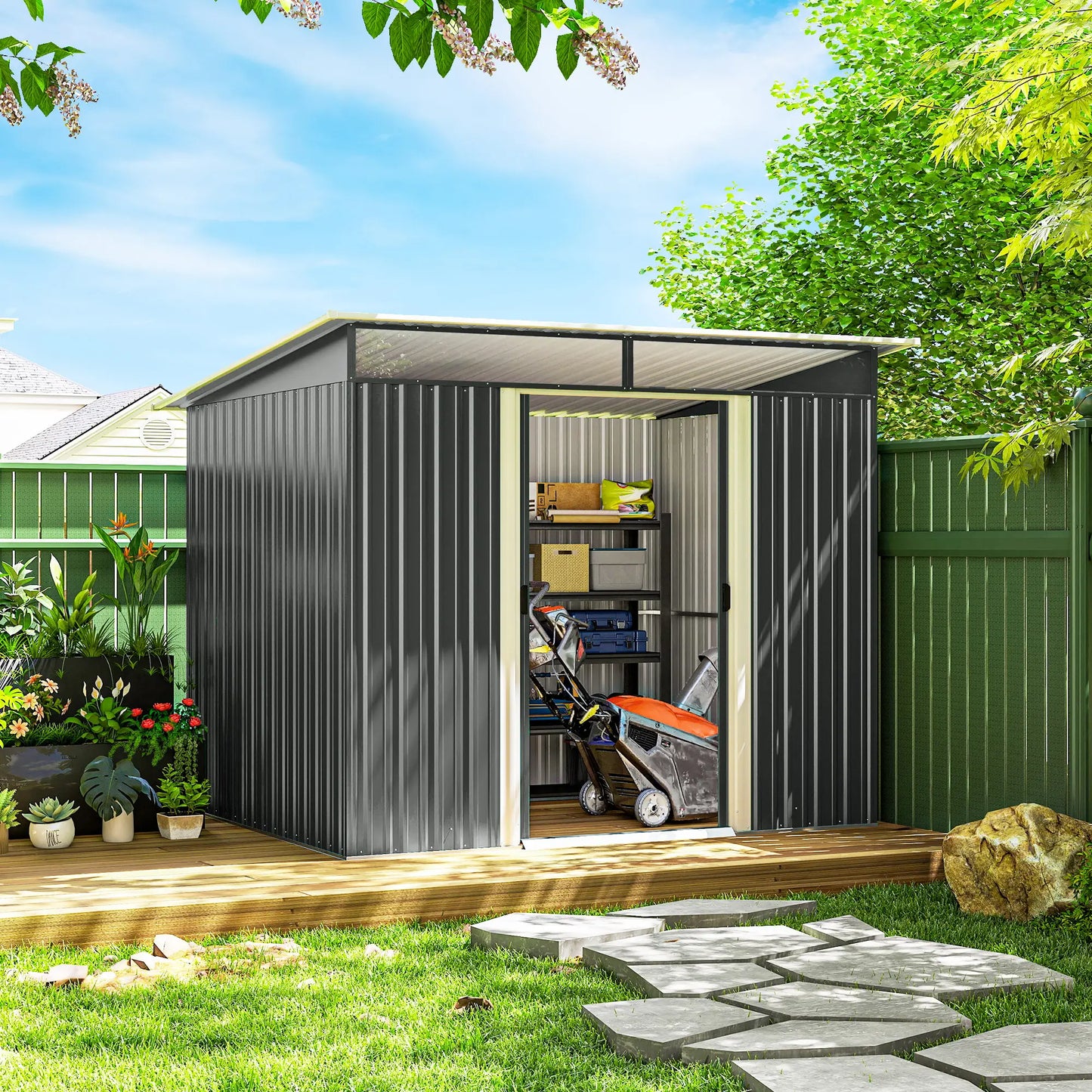 9' x 6.5' Metal Garden Shed, Outdoor Utility Storage, Dark Grey Sheds at Gallery Canada