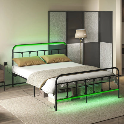 Queen Bed Frame With LED Lights, Charging Station, Under Bed Storage, Black Bed Frames at Gallery Canada