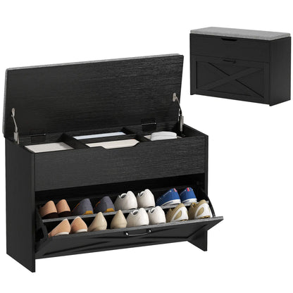 Shoe Storage Bench with Flip Drawer, Lift Top, Seat Cushion, Black Shoe Storage Cabinets & Racks at Gallery Canada