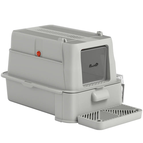 80L XL Stainless Steel Cat Litter Box, Flip Cover, Pull-Out Drawer, High Sided, Pedal, Light Grey