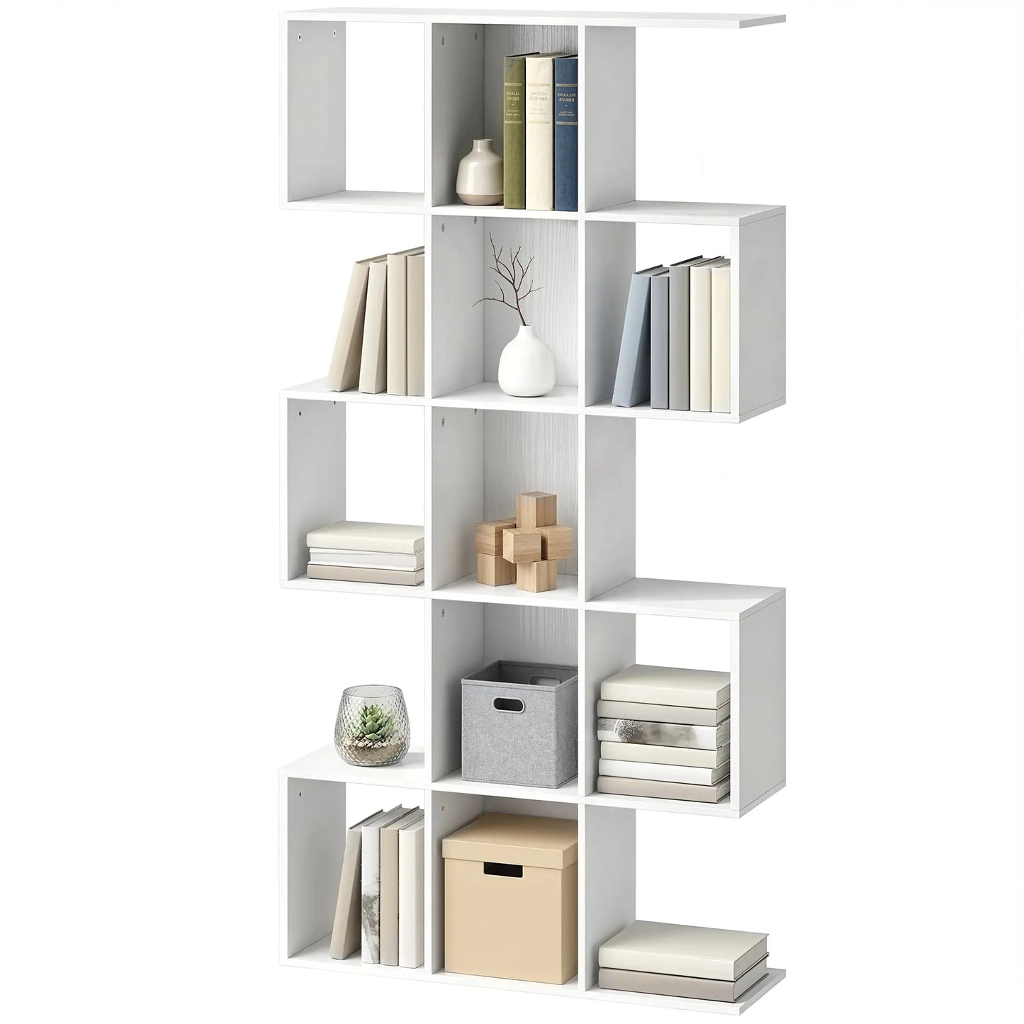 S-Shaped 5-Tier Bookshelf, 15 Compartments, White Wood Grain, White Display Bookshelves White Wood Grain at Gallery Canada