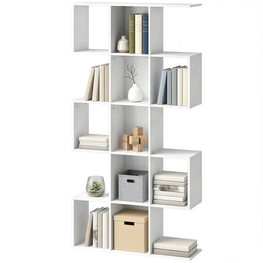 S-Shaped 5-Tier Bookshelf, 15 Compartments, White Wood Grain, White Display Bookshelves White Wood Grain at Gallery Canada