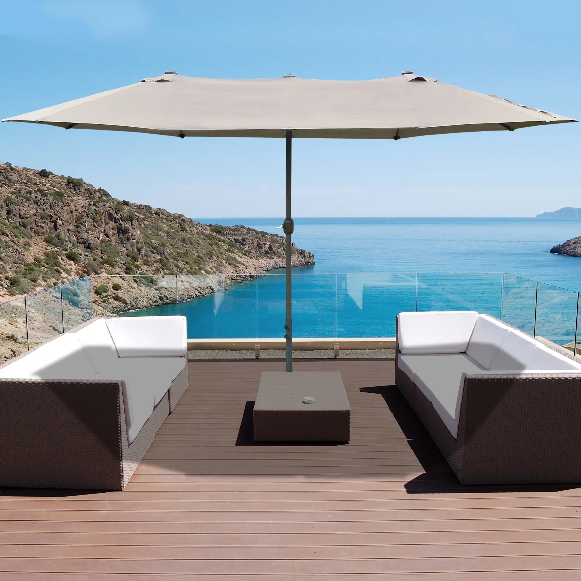 15' Outdoor Patio Umbrella, Twin Canopy Sunshade, Steel Table, Light Grey Double-sided Umbrellas at Gallery Canada