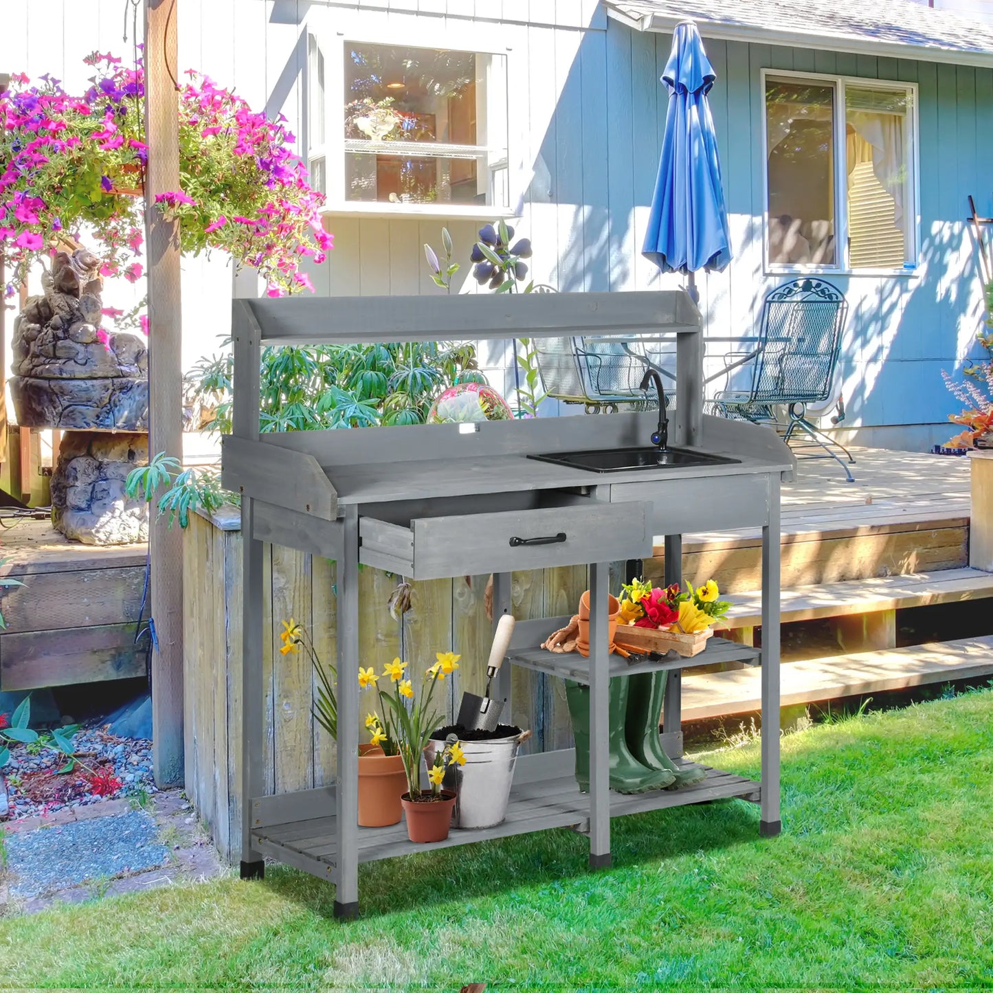 Potting Bench Table, Garden Workstation, 45.3" x 17.7" x 48.4", Grey