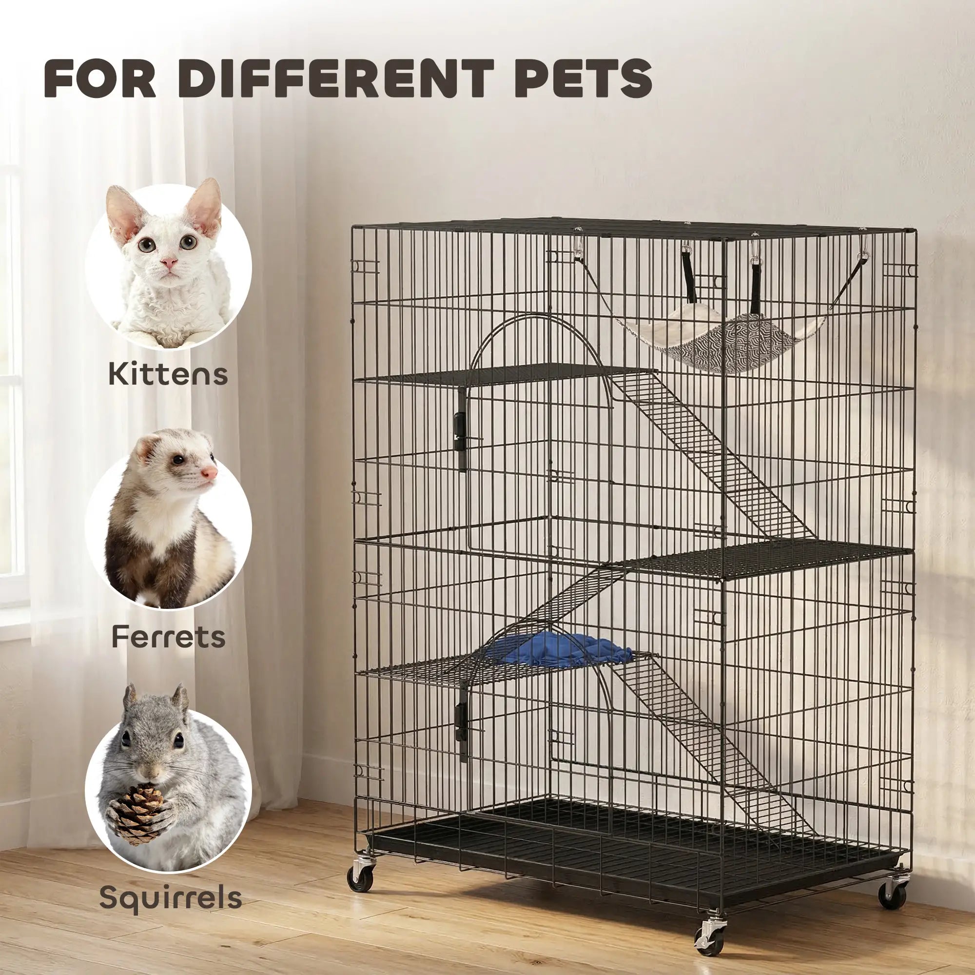 4-Tier Cat Cage, Large Enclosure with Lockable Wheels, Tray, Hammock Outdoor Cat Enclosures at Gallery Canada