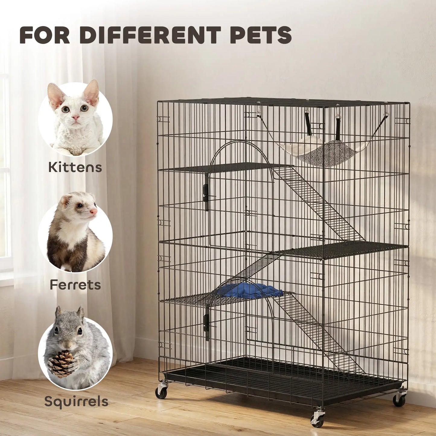 4-Tier Cat Cage, Large Enclosure with Lockable Wheels, Tray, Hammock Outdoor Cat Enclosures at Gallery Canada