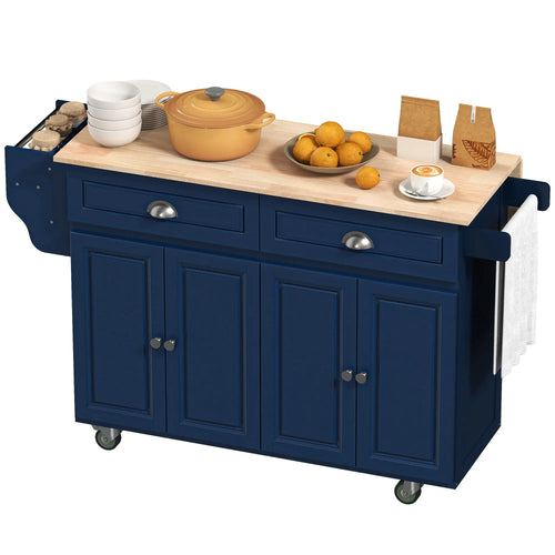 Kitchen Island with Storage, Drop Leaf, Rubber Wood Top, Navy Blue