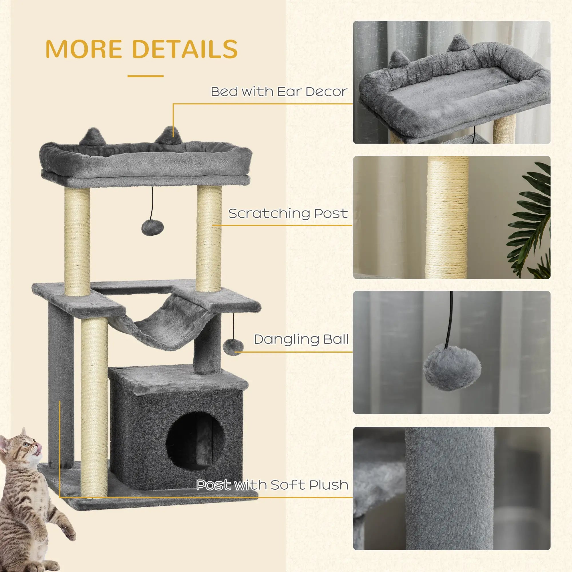 39.25'' Cat Tree Tower, Multi-Level Kitten House, Scratching Post, Gray Cat Posts at Gallery Canada