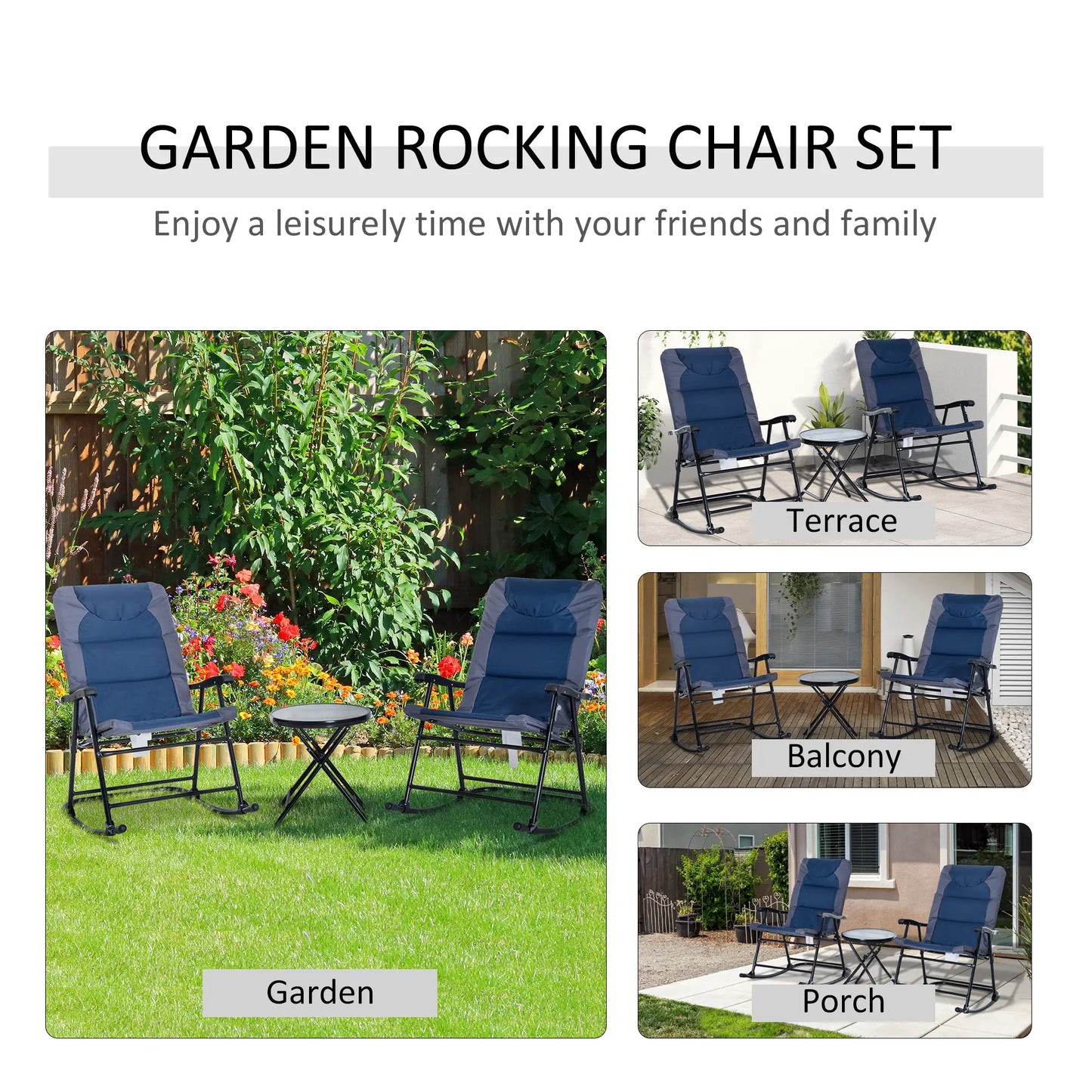 3pc Foldable Rocking Chair Set, Outdoor Bistro w/ Padded Seat, Blue Outdoor Rocking Chairs at Gallery Canada