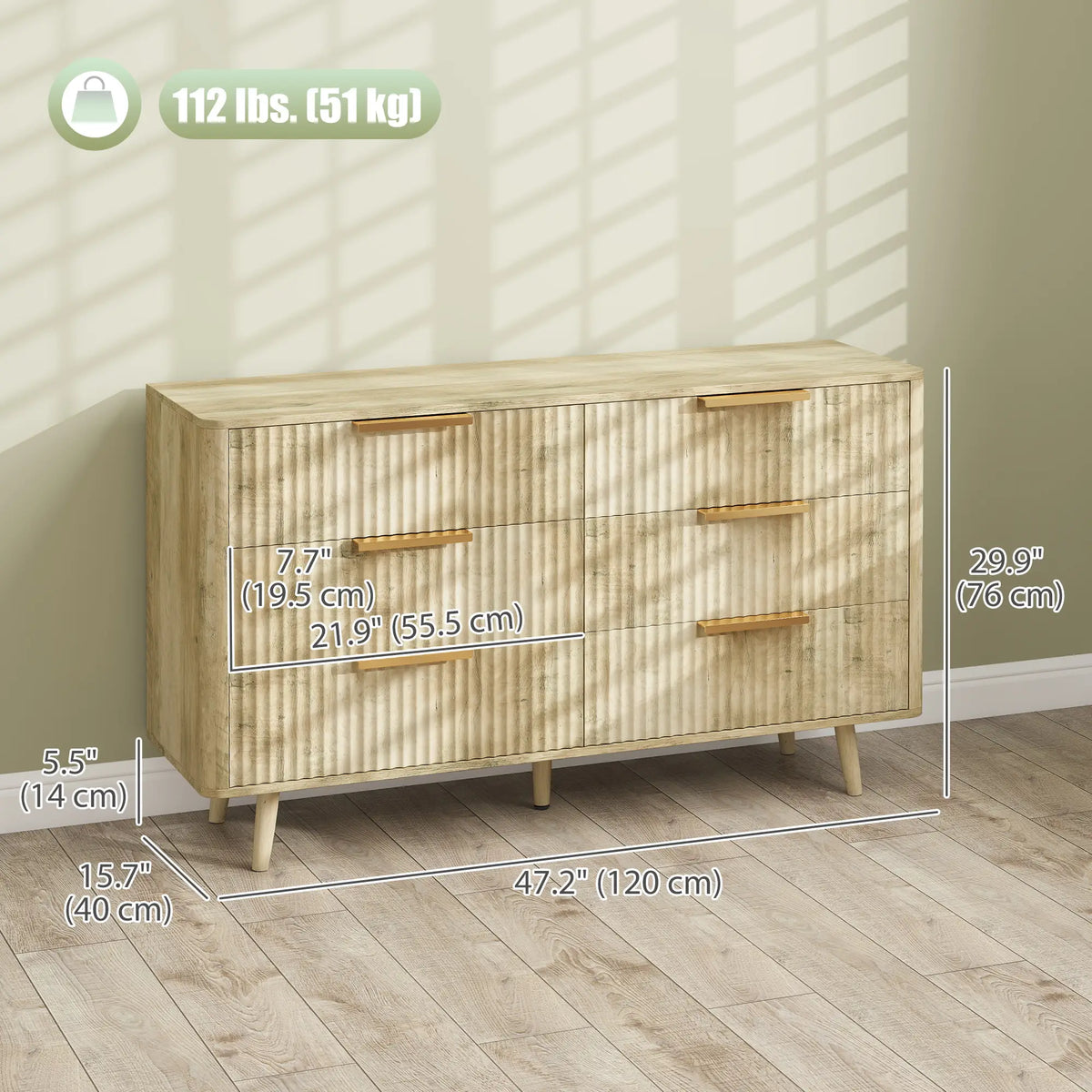 Fluted Chest of Drawers, 6 Drawer Dresser with Pine Wood Legs, Oak Storage Cabinets at Gallery Canada